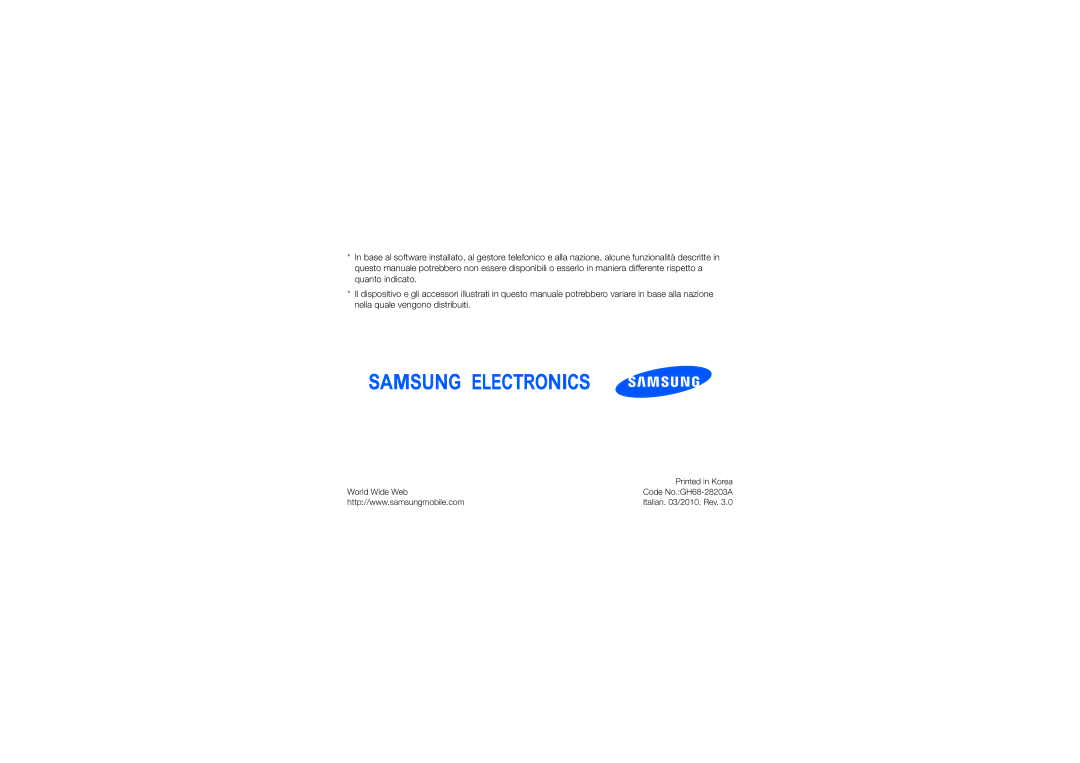 Samsung GT-I8320ISBOMN, GT-I8320PKAOMN, GT-I8320PKBOMN, GT-I8320ISAOMN, GT-I8320ZKAOMN manual Code No.GH68-28203A 