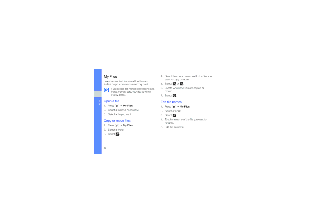 Samsung GT-I8320PKAVD2, GT-I8320ISAVD2, GT-I8320ZKAVD2 manual My Files, Open a file, Copy or move files, Edit file names 