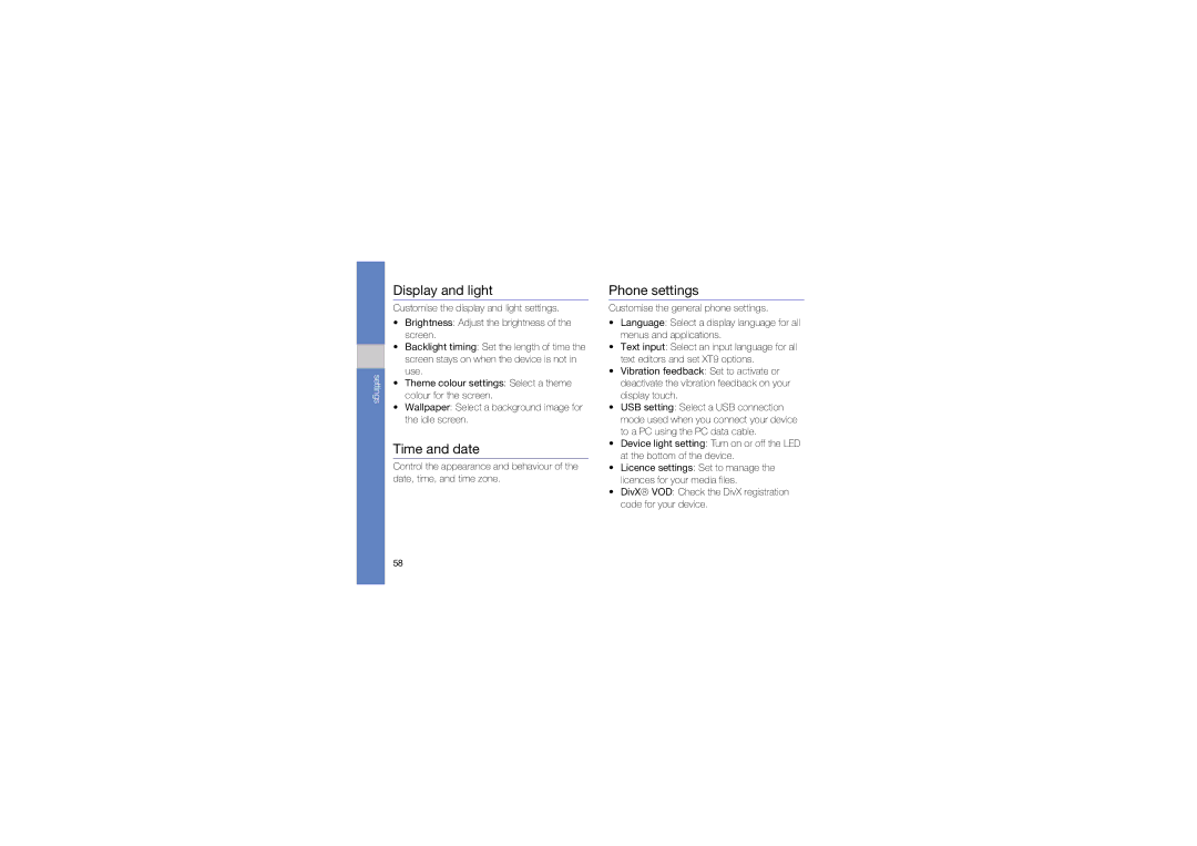 Samsung GT-I8320ISBOMN, GT-I8320PKAVD2, GT-I8320ISAVD2, GT-I8320ZKAVD2 manual Display and light, Time and date, Phone settings 