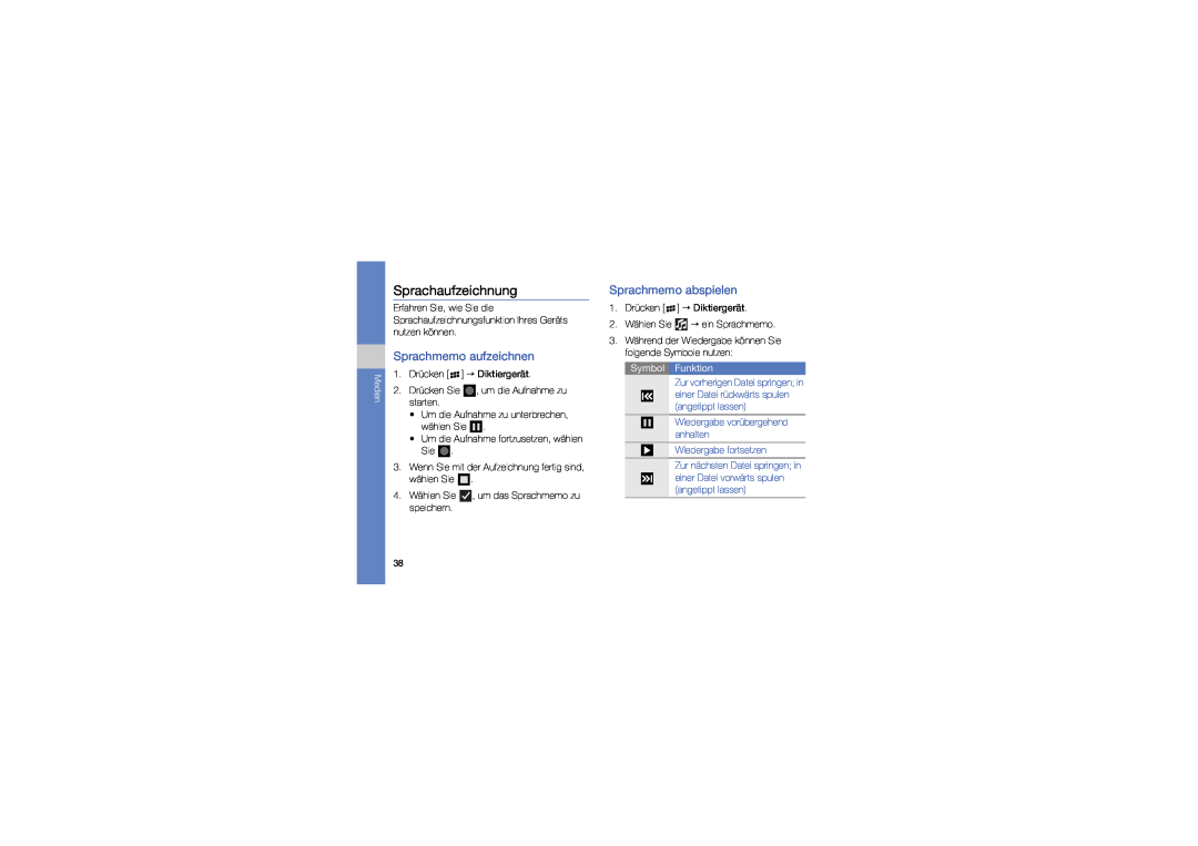 Samsung GT-I8320PKBVD2 manual Sprachaufzeichnung, Sprachmemo aufzeichnen, Sprachmemo abspielen, Medien, Symbol Funktion 