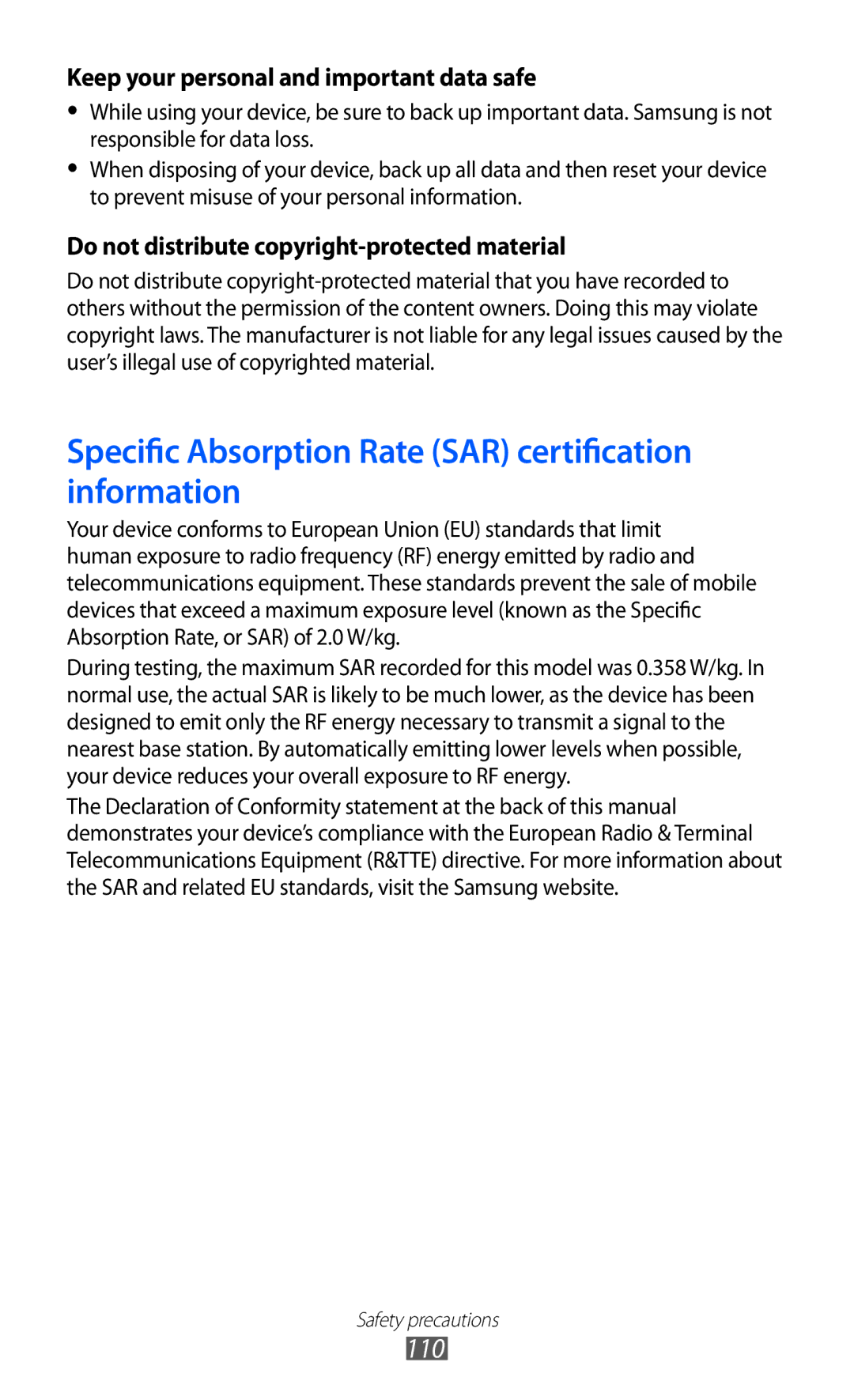 Samsung GT-I8350HKAOMN, GT-I8350HKAATO, GT-I8350HKADTM manual Specific Absorption Rate SAR certification information 