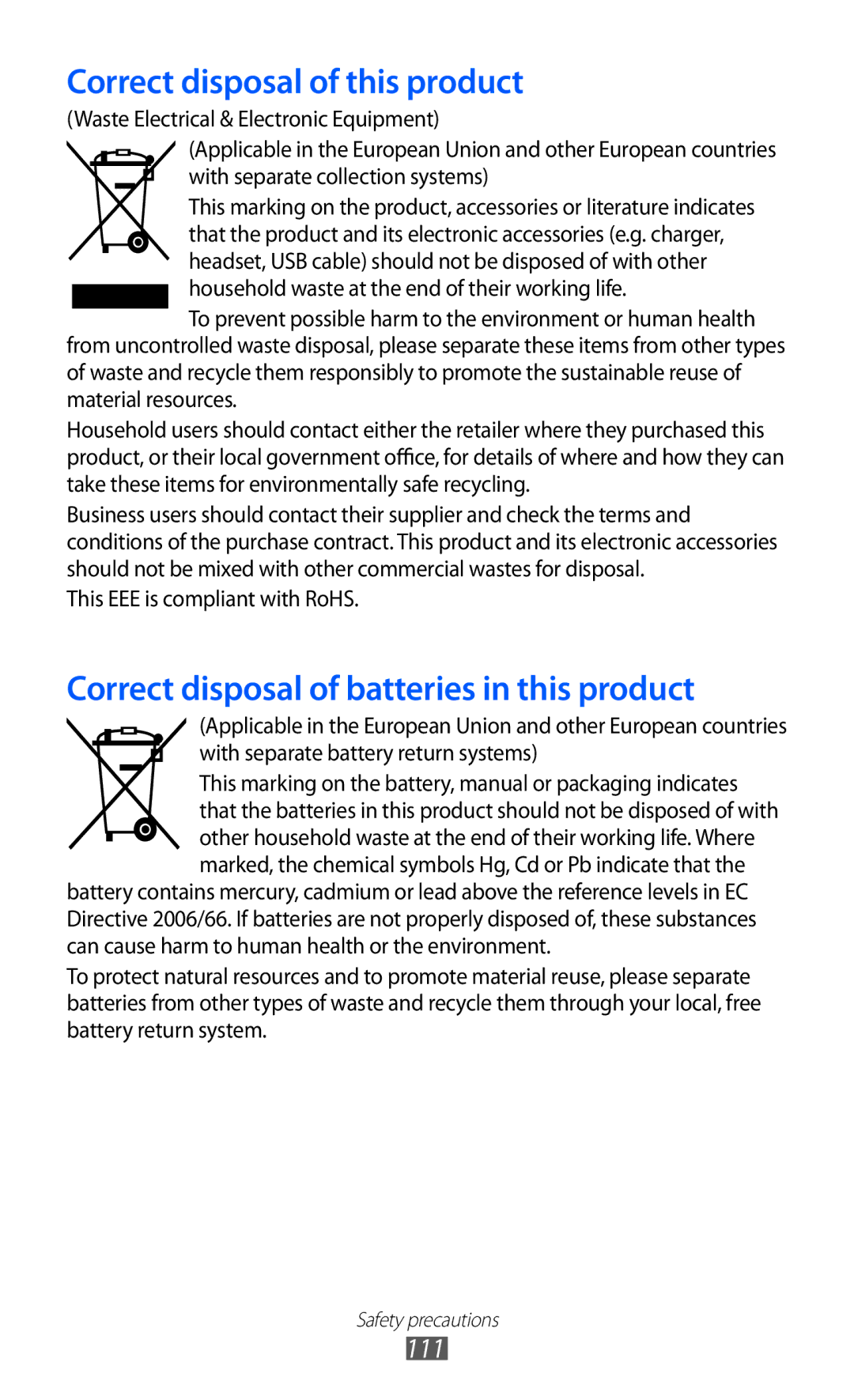 Samsung GT-I8350DAAHUI, GT-I8350HKAATO, GT-I8350HKADTM, GT-I8350HKAVD2, GT-I8350HKADBT manual Correct disposal of this product 