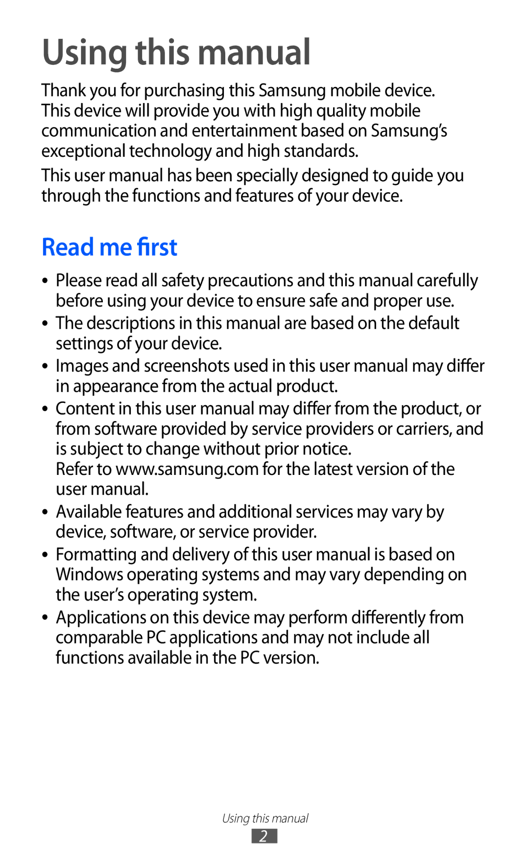 Samsung GT-I8350HKAVD2, GT-I8350HKAATO, GT-I8350HKADTM, GT-I8350HKADBT, GT-I8350HKAFTM Using this manual, Read me first 