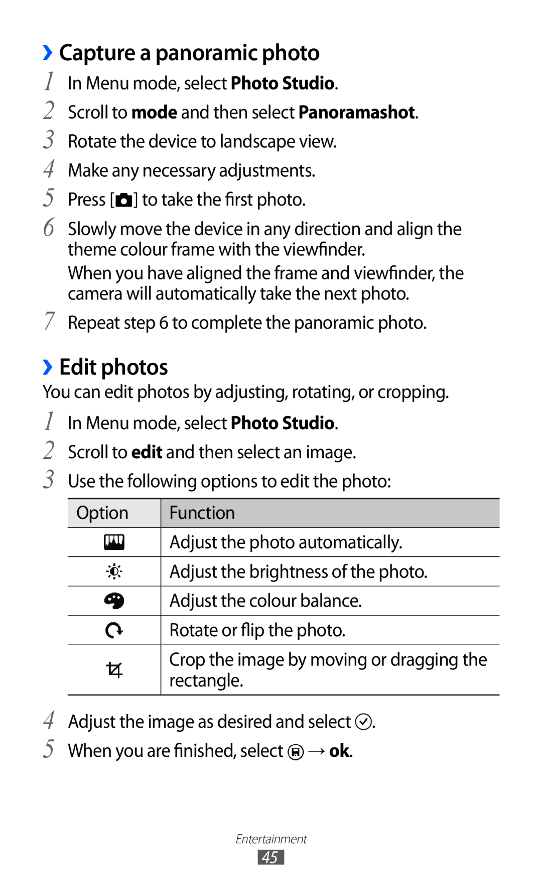 Samsung GT-I8350DAAOMN, GT-I8350HKAATO, GT-I8350HKADTM, GT-I8350HKAVD2 manual ››Capture a panoramic photo, ››Edit photos 