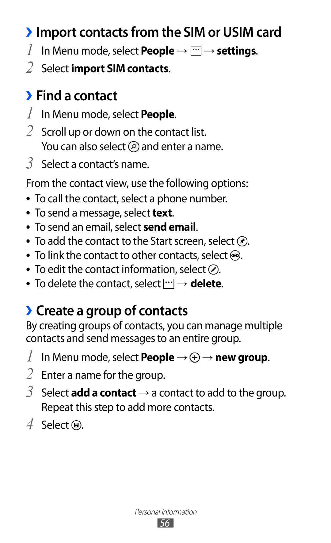 Samsung GT-I8350HKAVDC manual ››Import contacts from the SIM or Usim card, Find a contact, ››Create a group of contacts 