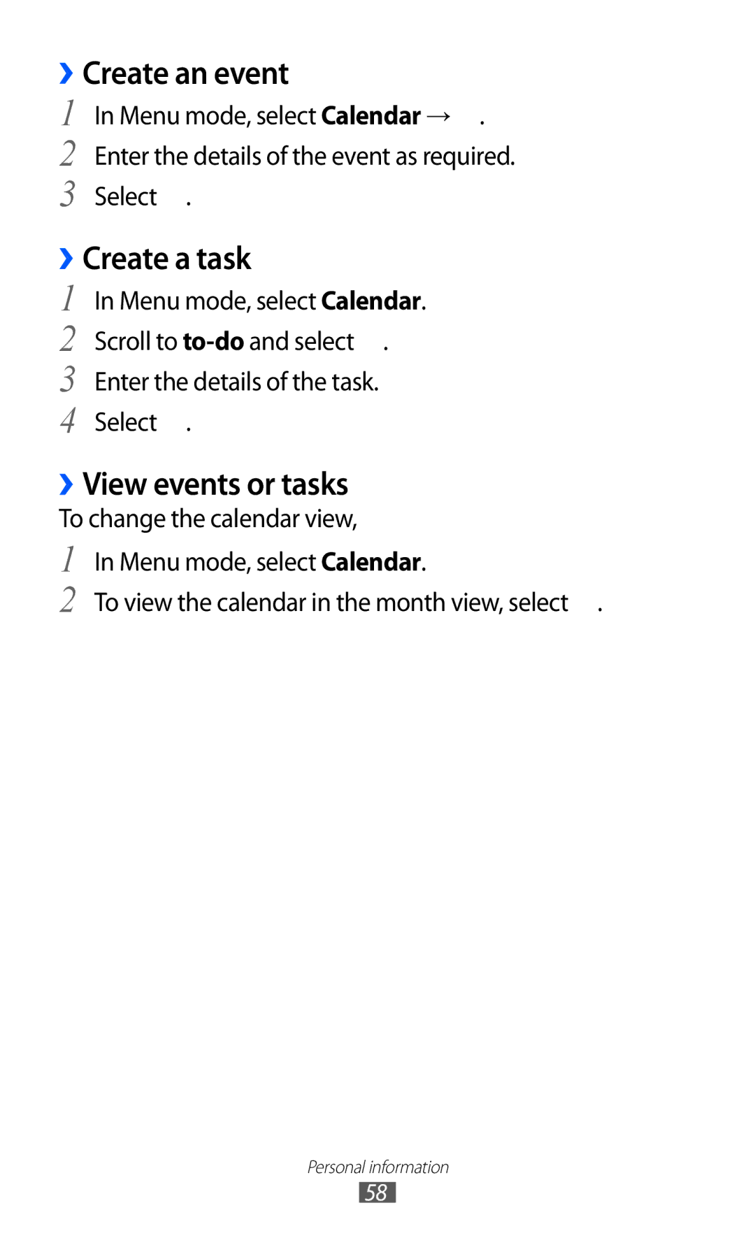 Samsung GT-I8350HKATMZ, GT-I8350HKAATO, GT-I8350HKADTM manual ››Create an event, ››Create a task, ››View events or tasks 