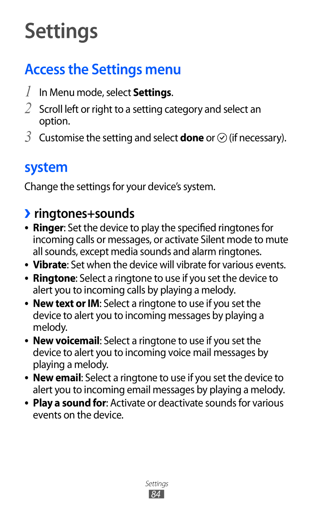 Samsung GT-I8350HKAPHE, GT-I8350HKAATO, GT-I8350HKADTM manual Access the Settings menu, System, ››ringtones+sounds 