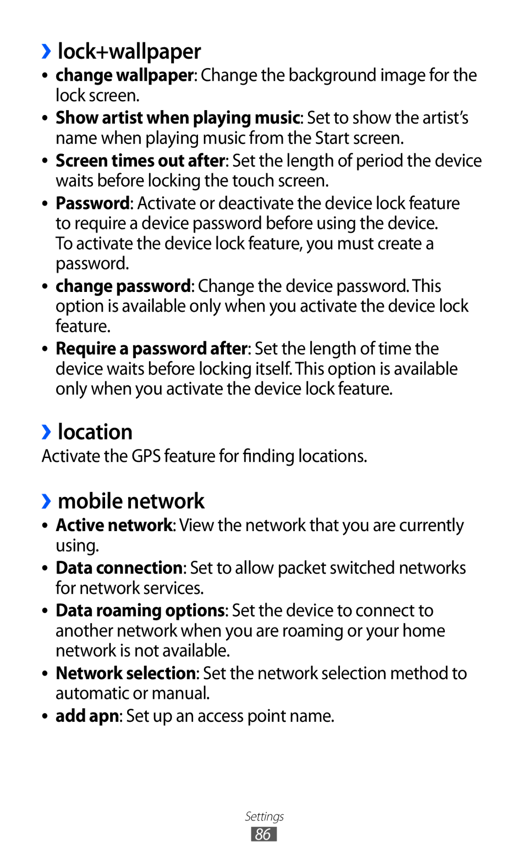 Samsung GT-I8350HKACRO, GT-I8350HKAATO, GT-I8350HKADTM, GT-I8350HKAVD2 manual ››lock+wallpaper, ››location, ››mobile network 