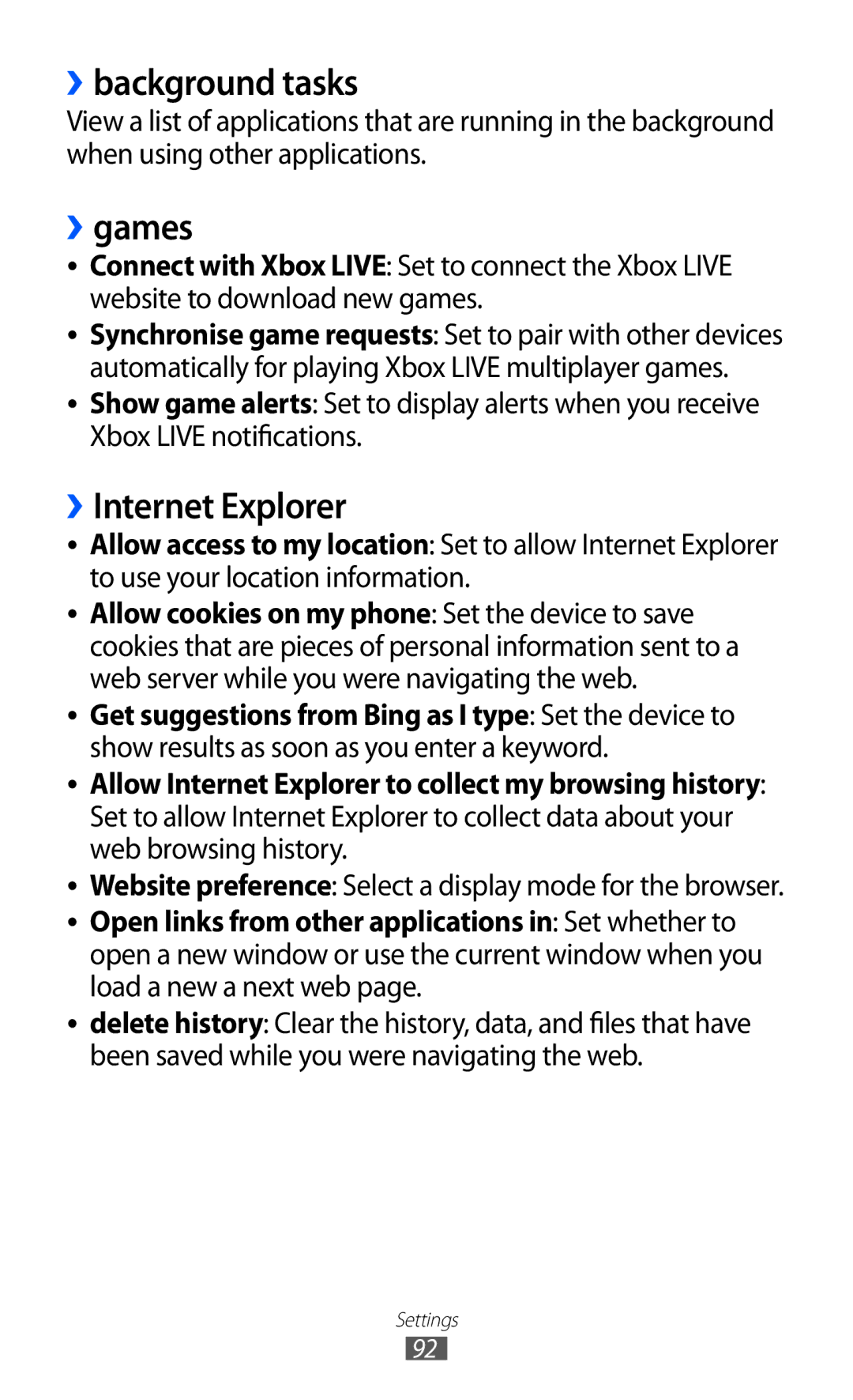 Samsung GT-I8350HKATMZ, GT-I8350HKAATO, GT-I8350HKADTM, GT-I8350HKAVD2 manual ››background tasks, ››games, ››Internet Explorer 