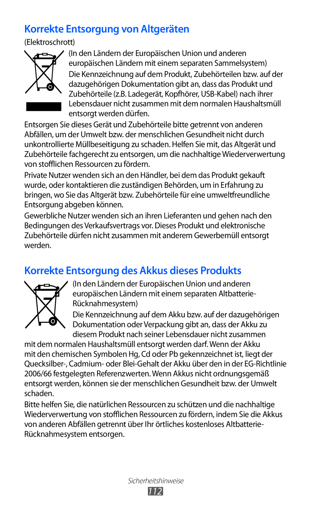 Samsung GT-I8350HKAATO, GT-I8350HKADTM, GT-I8350HKAVD2, GT-I8350HKADBT manual Korrekte Entsorgung von Altgeräten 