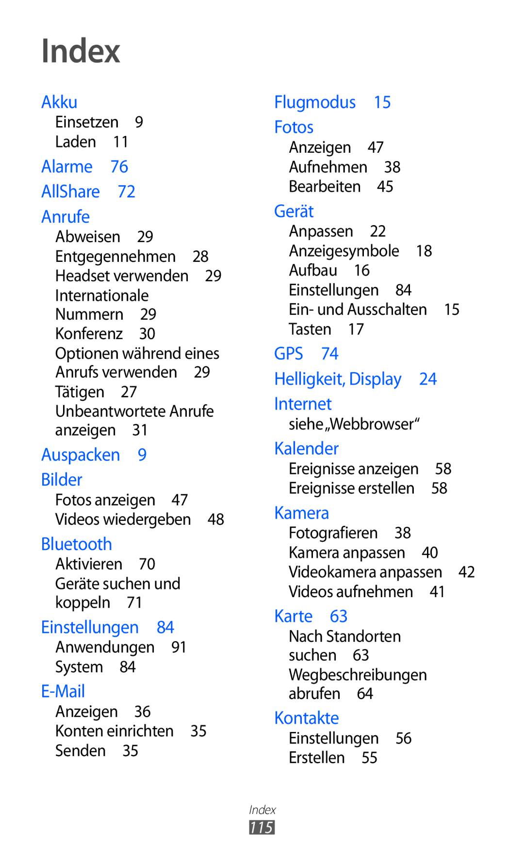 Samsung GT-I8350HKADBT, GT-I8350HKAATO, GT-I8350HKADTM, GT-I8350HKAVD2 manual Index, Aktivieren 70 Geräte suchen und koppeln  