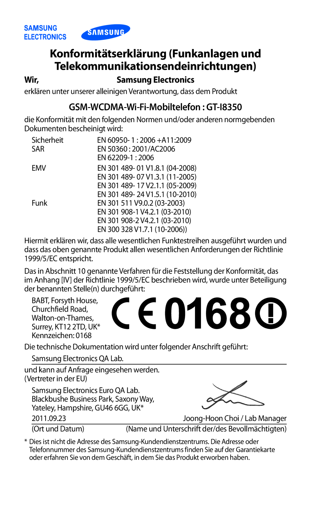 Samsung GT-I8350HKAVD2, GT-I8350HKAATO manual Konformitätserklärung Funkanlagen und, Telekommunikationsendeinrichtungen 