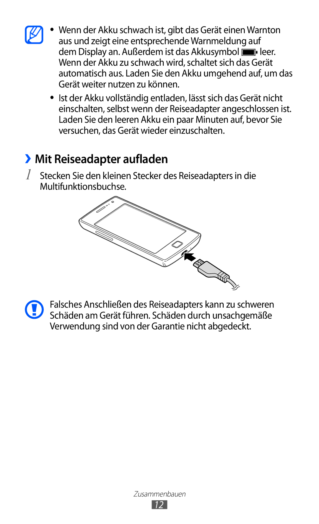 Samsung GT-I8350HKAATO, GT-I8350HKADTM, GT-I8350HKAVD2, GT-I8350HKADBT manual ››Mit Reiseadapter aufladen 