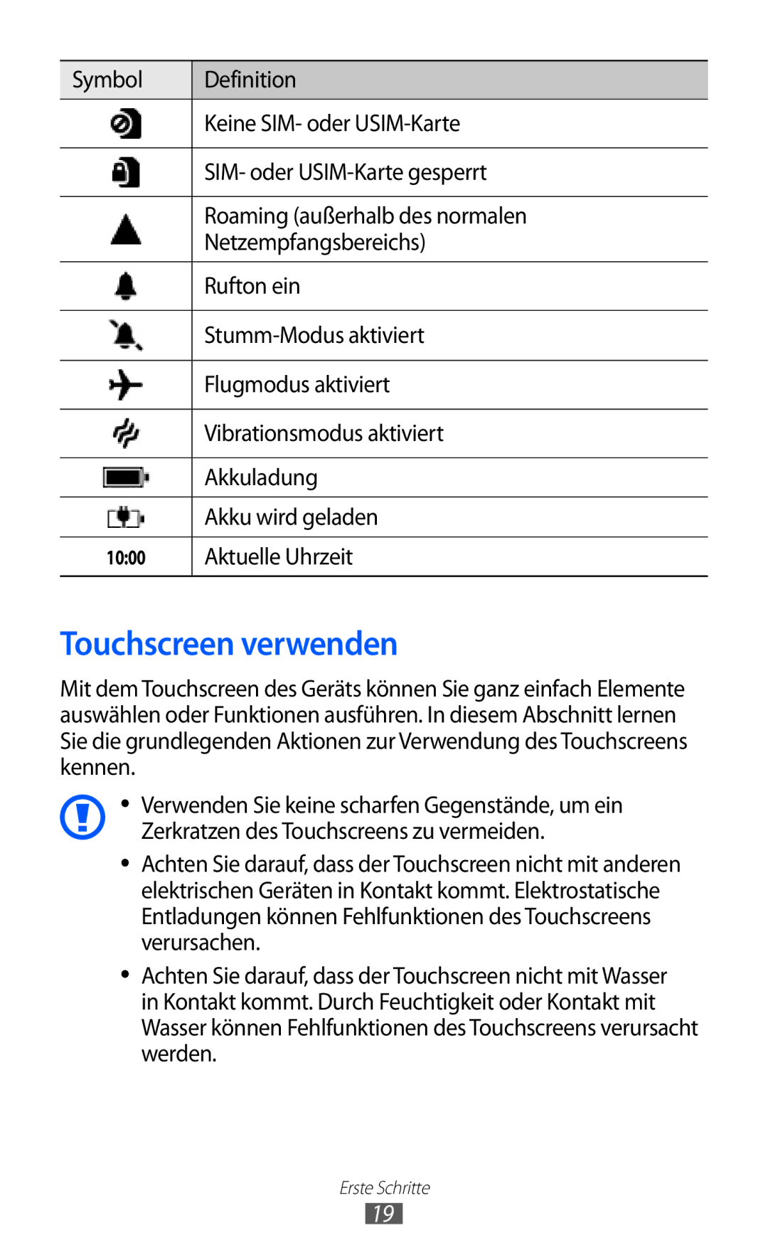 Samsung GT-I8350HKADBT, GT-I8350HKAATO, GT-I8350HKADTM, GT-I8350HKAVD2 manual Touchscreen verwenden, Aktuelle Uhrzeit 