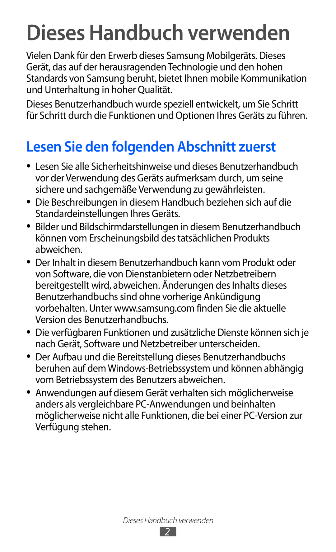 Samsung GT-I8350HKAVD2, GT-I8350HKAATO, GT-I8350HKADTM Dieses Handbuch verwenden, Lesen Sie den folgenden Abschnitt zuerst 