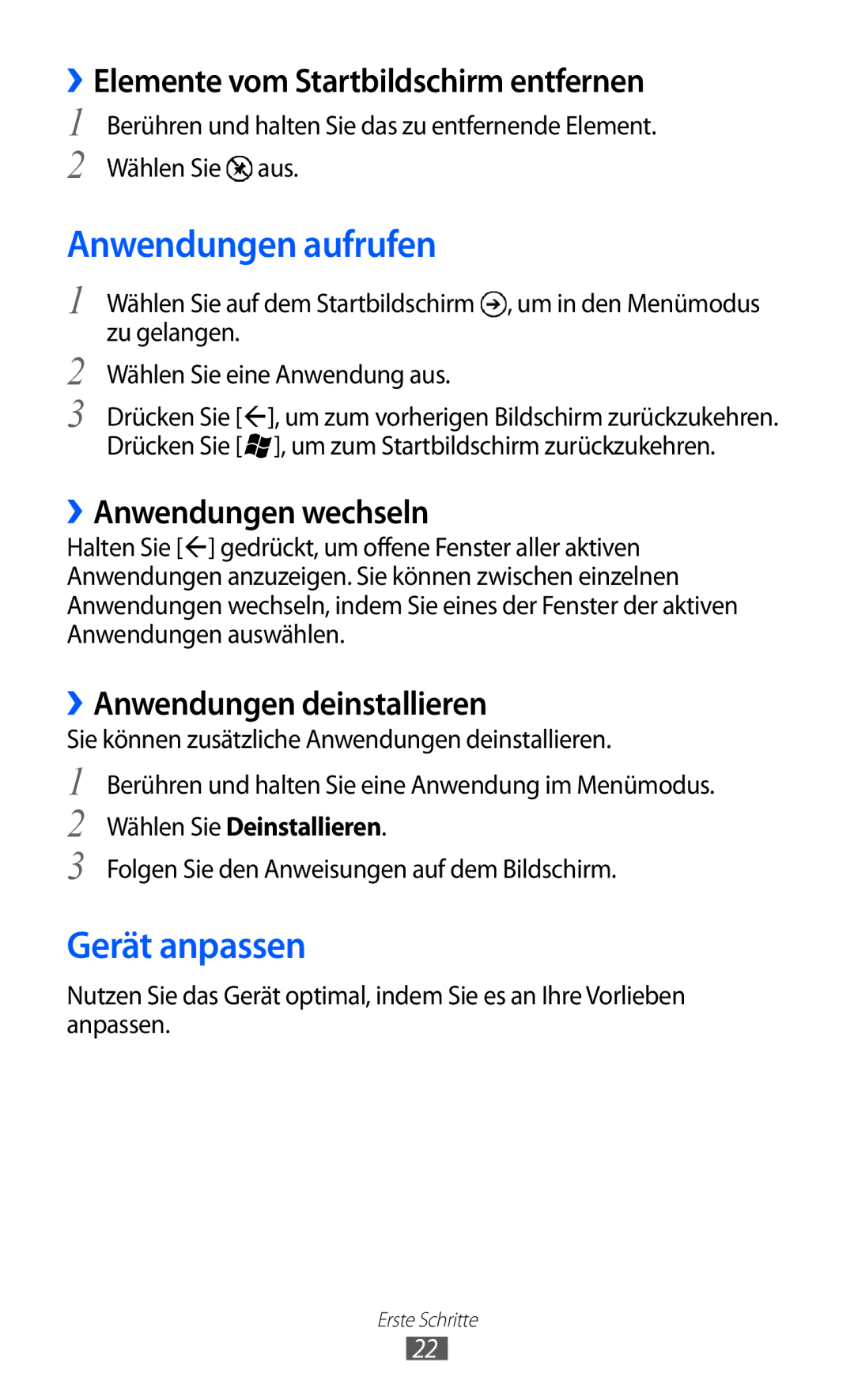 Samsung GT-I8350HKAVD2, GT-I8350HKAATO manual Anwendungen aufrufen, Gerät anpassen, ››Elemente vom Startbildschirm entfernen 