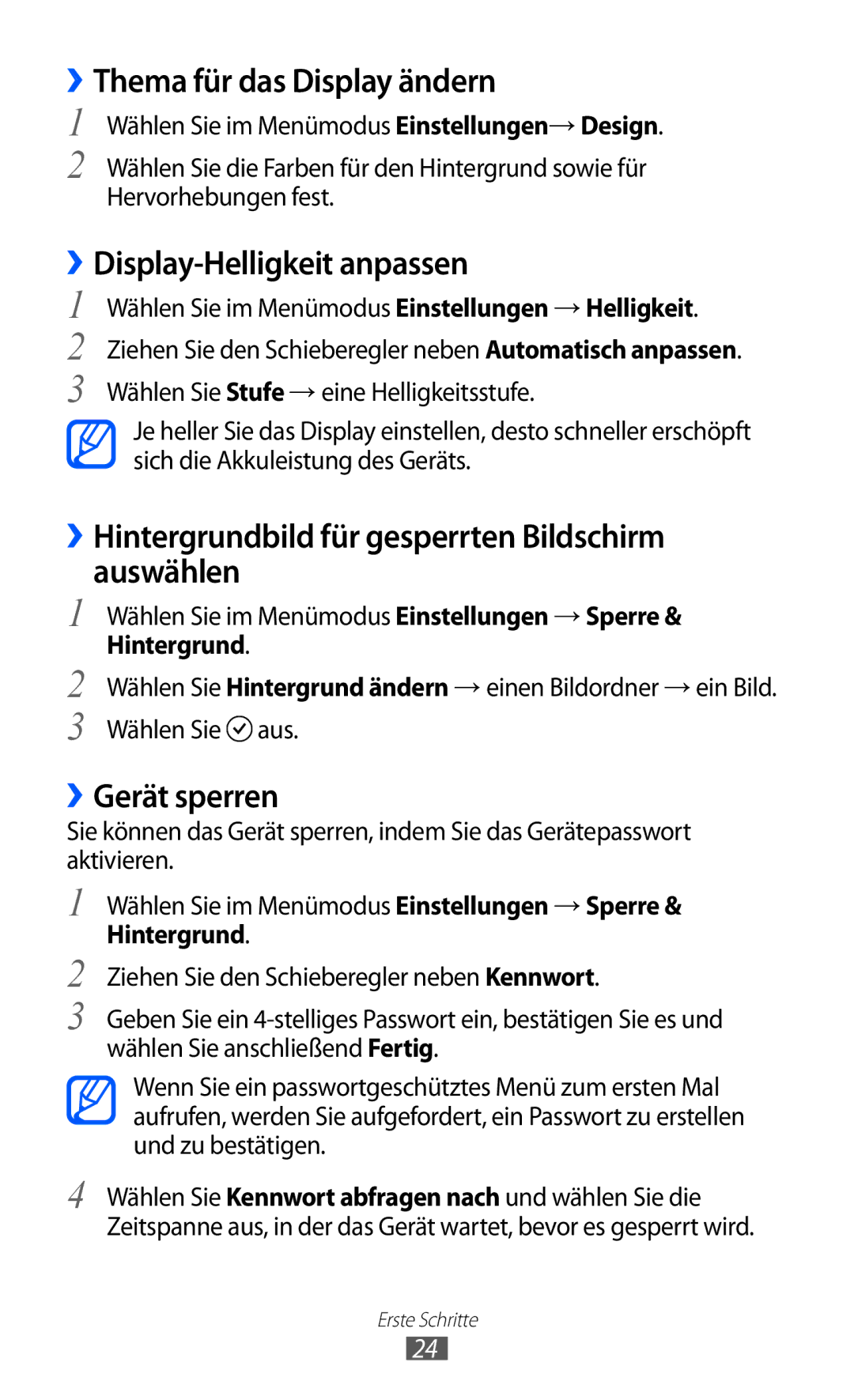 Samsung GT-I8350HKAATO manual ››Thema für das Display ändern, ››Display-Helligkeit anpassen, ››Gerät sperren, Hintergrund 