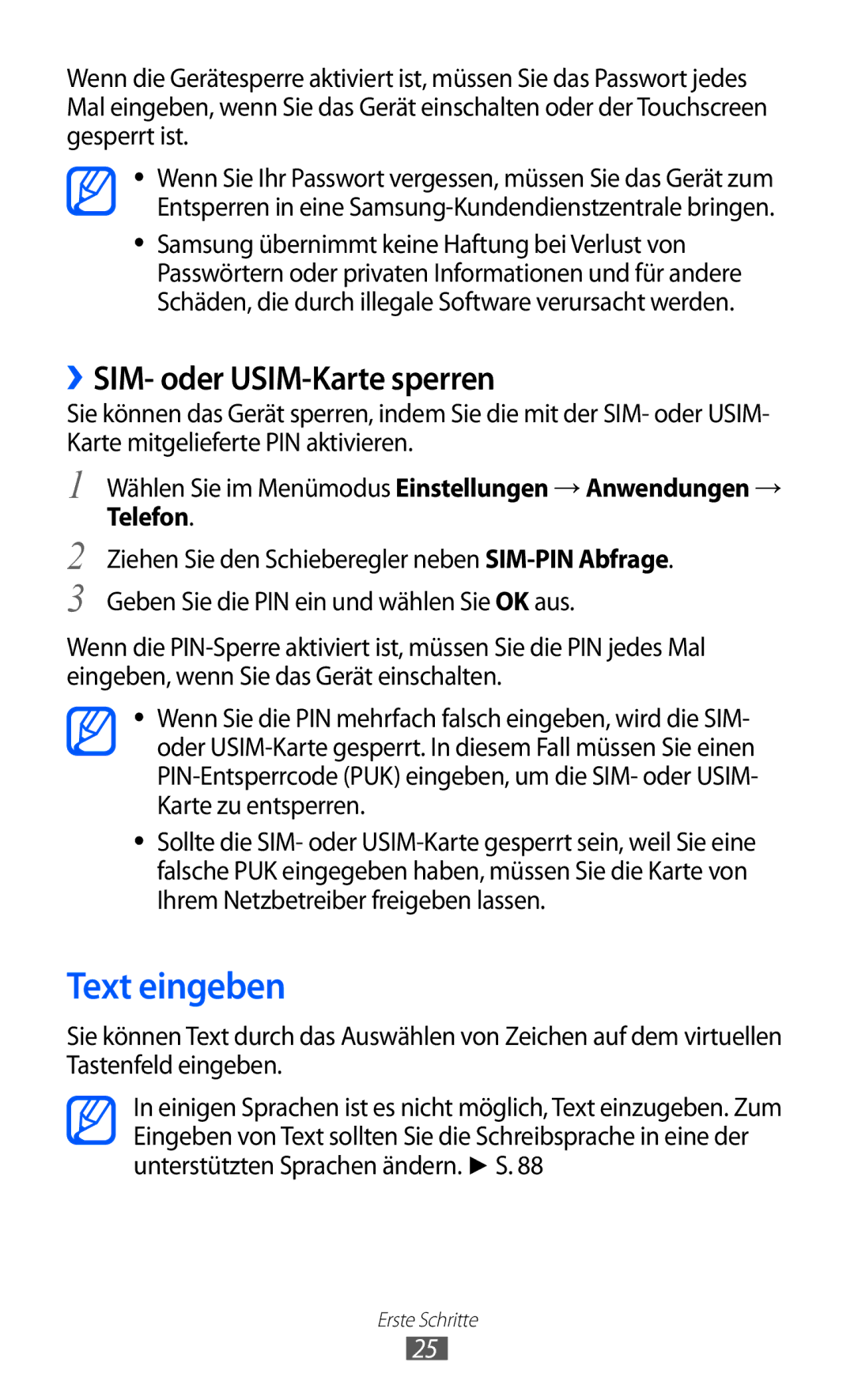 Samsung GT-I8350HKADTM, GT-I8350HKAATO, GT-I8350HKAVD2, GT-I8350HKADBT manual Text eingeben, ››SIM- oder USIM-Karte sperren 