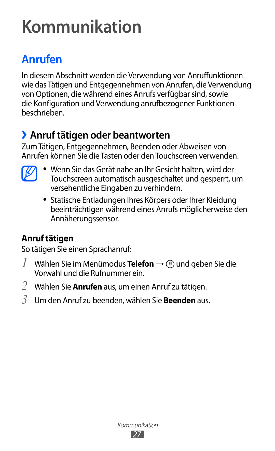 Samsung GT-I8350HKADBT, GT-I8350HKAATO, GT-I8350HKADTM manual Kommunikation, Anrufen, ››Anruf tätigen oder beantworten 