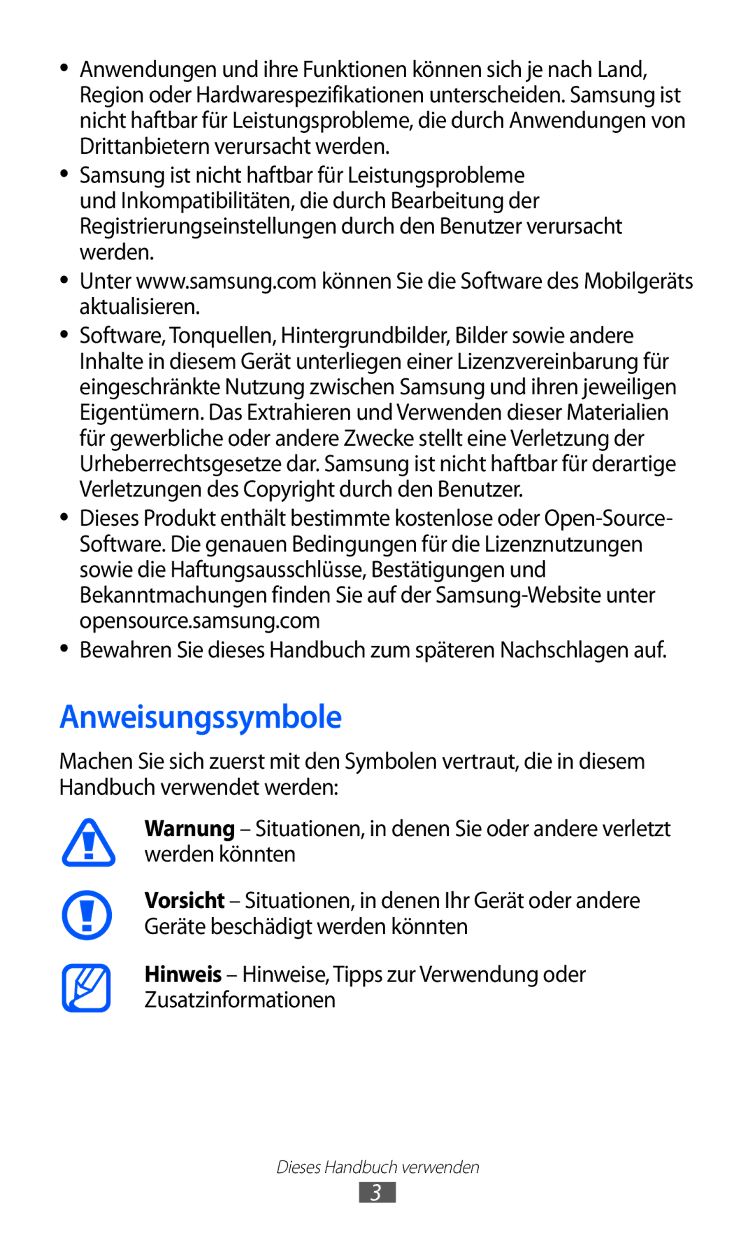 Samsung GT-I8350HKADBT, GT-I8350HKAATO, GT-I8350HKADTM, GT-I8350HKAVD2 manual Anweisungssymbole 