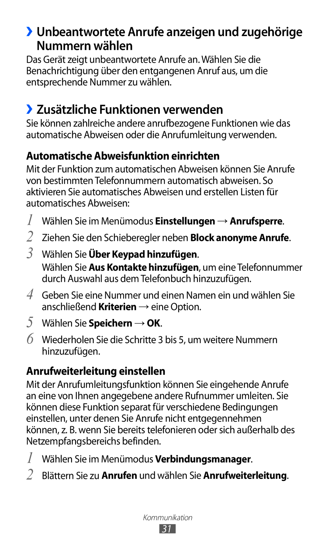 Samsung GT-I8350HKADBT Nummern wählen, ››Zusätzliche Funktionen verwenden, ››Unbeantwortete Anrufe anzeigen und zugehörige 