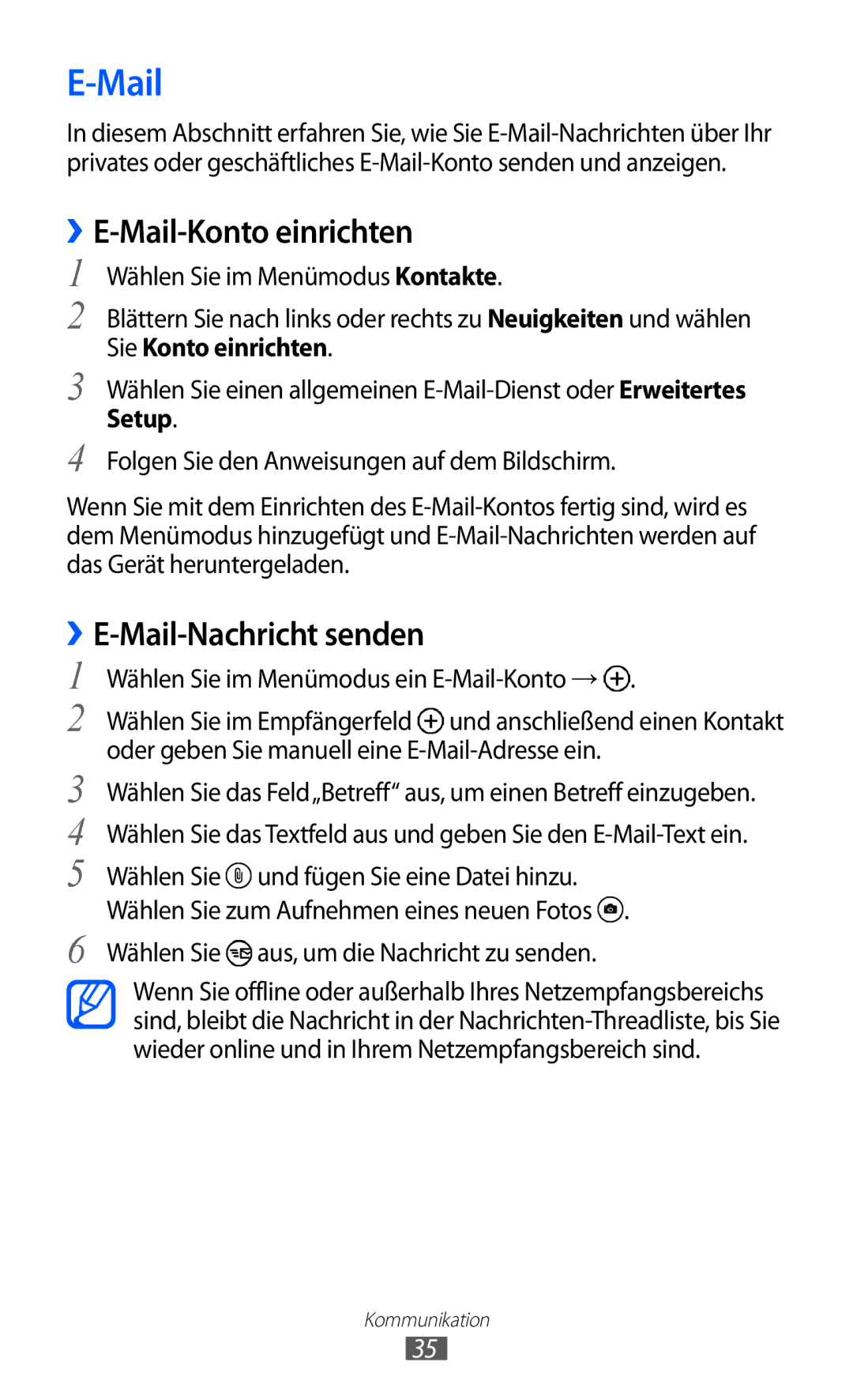 Samsung GT-I8350HKADBT, GT-I8350HKAATO, GT-I8350HKADTM manual ››E-Mail-Konto einrichten, ››E-Mail-Nachricht senden, Setup 