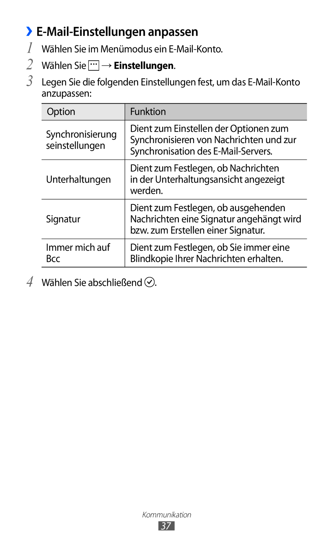 Samsung GT-I8350HKADTM, GT-I8350HKAATO, GT-I8350HKAVD2, GT-I8350HKADBT manual ››E-Mail-Einstellungen anpassen 