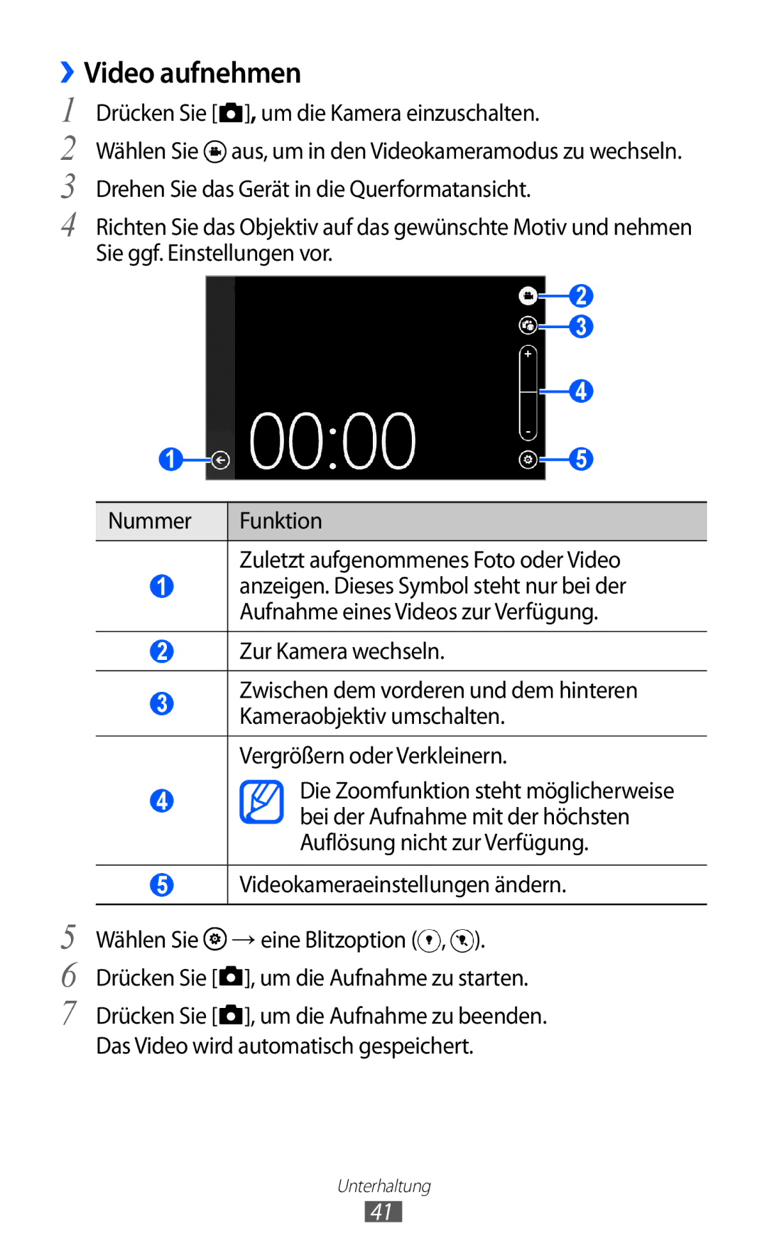 Samsung GT-I8350HKADTM manual ››Video aufnehmen, Videokameraeinstellungen ändern, Das Video wird automatisch gespeichert 