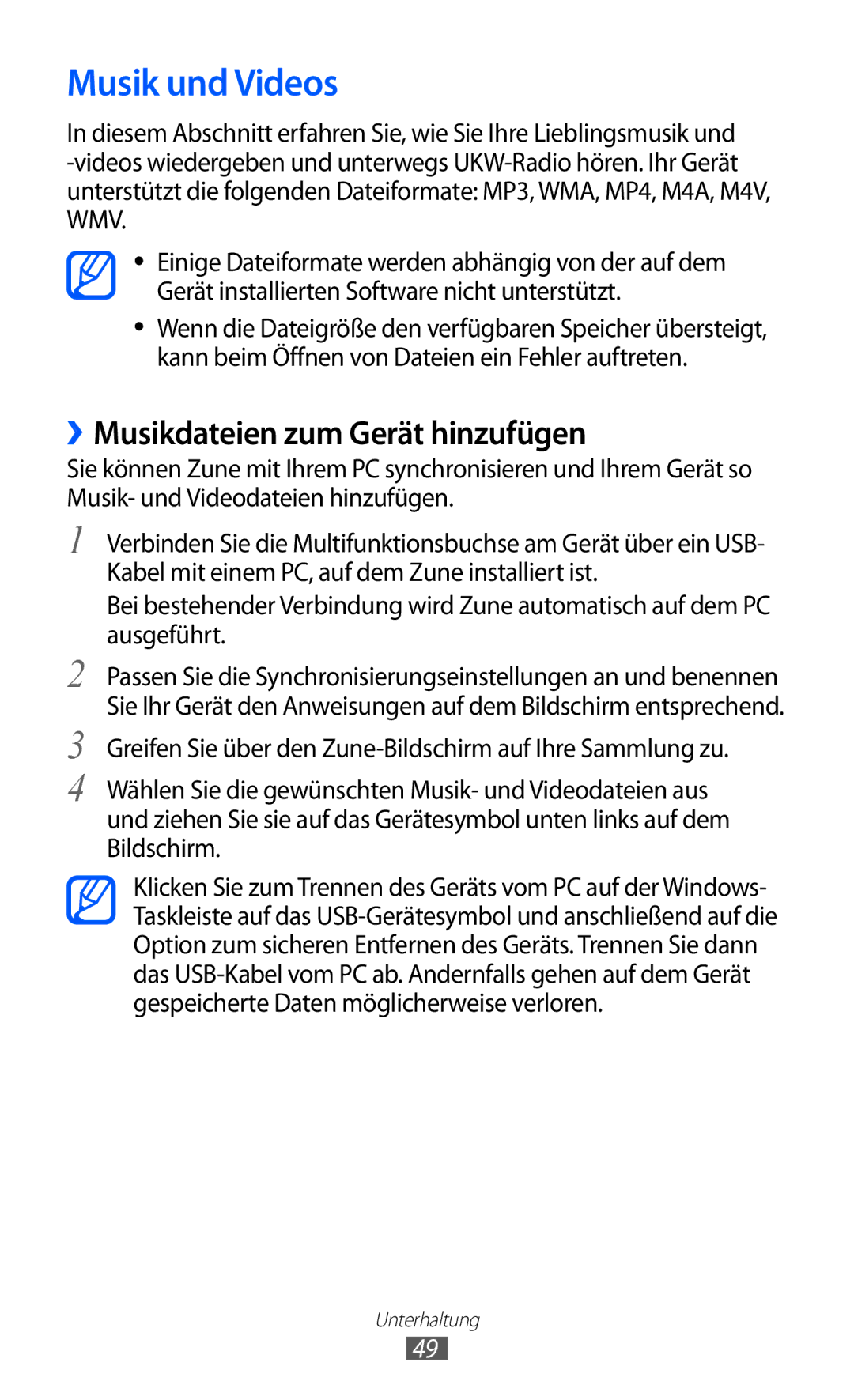 Samsung GT-I8350HKADTM, GT-I8350HKAATO, GT-I8350HKAVD2, GT-I8350HKADBT Musik und Videos, ››Musikdateien zum Gerät hinzufügen 