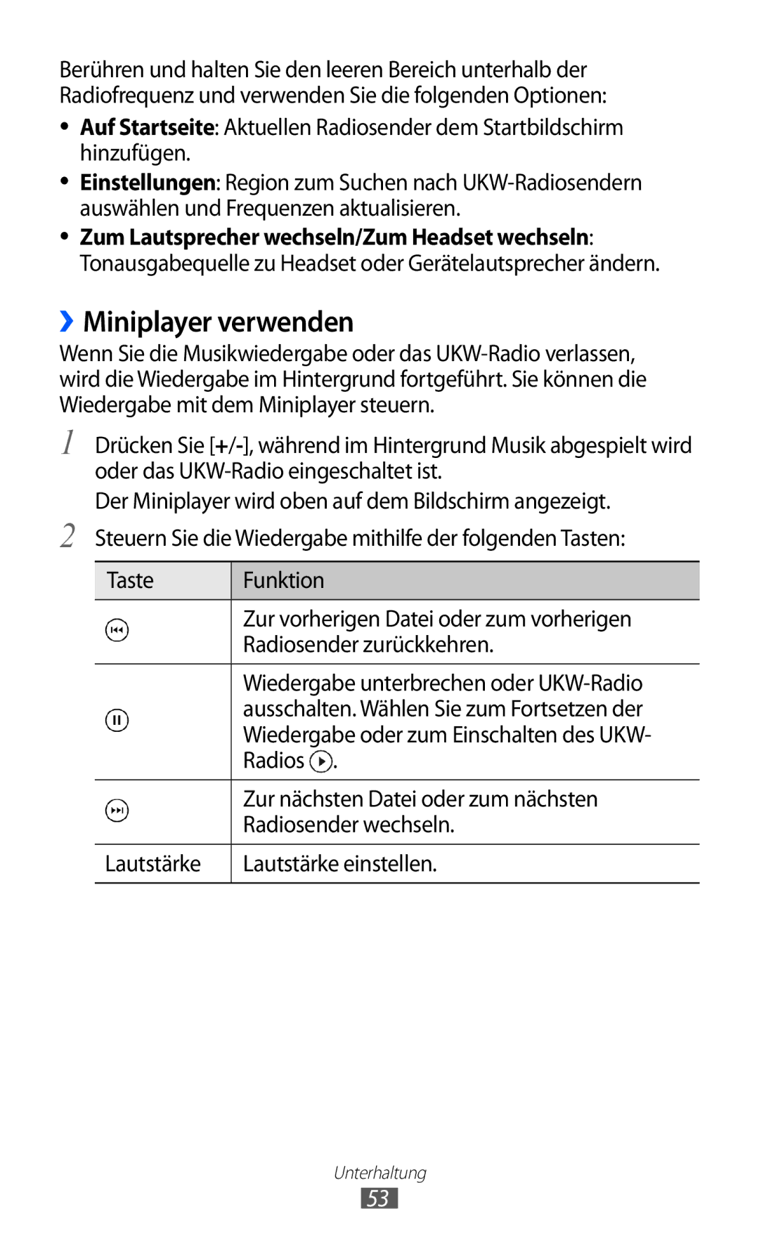 Samsung GT-I8350HKADTM manual ››Miniplayer verwenden, Zur nächsten Datei oder zum nächsten, Radiosender wechseln 