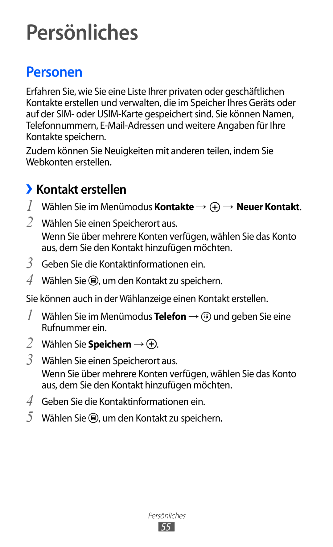 Samsung GT-I8350HKADBT, GT-I8350HKAATO, GT-I8350HKADTM, GT-I8350HKAVD2 manual Persönliches, Personen, ››Kontakt erstellen 