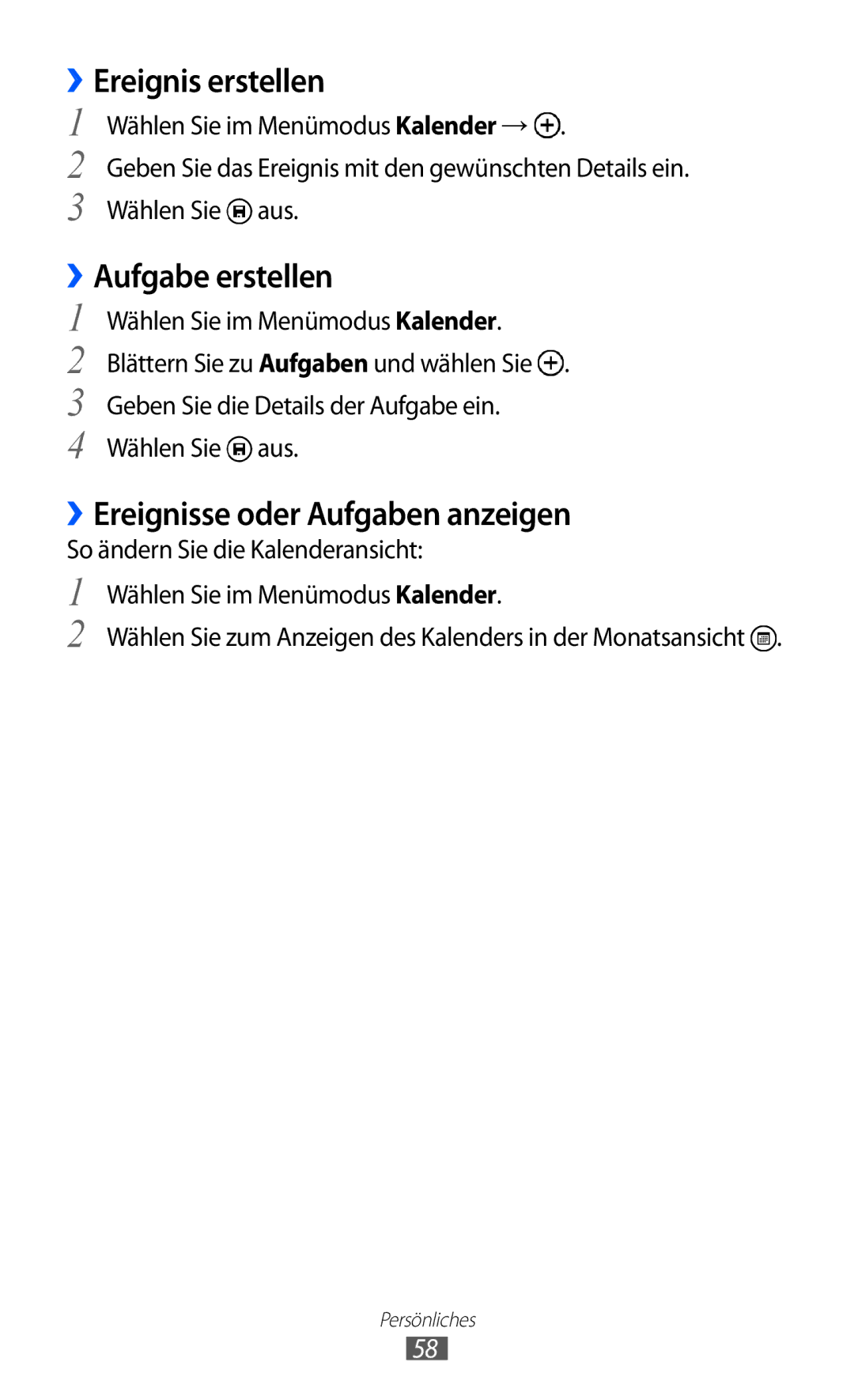 Samsung GT-I8350HKAVD2, GT-I8350HKAATO manual ››Ereignis erstellen, ››Aufgabe erstellen, ››Ereignisse oder Aufgaben anzeigen 