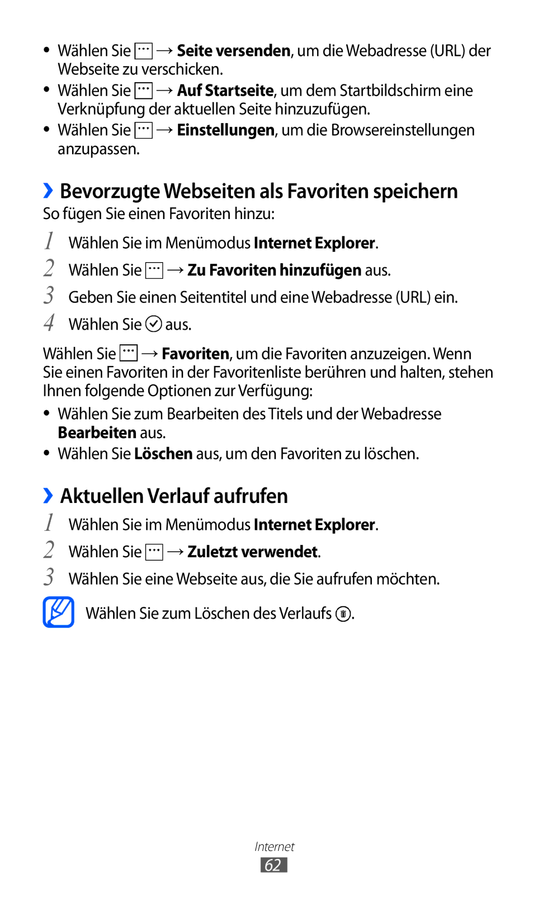 Samsung GT-I8350HKAVD2 manual ››Aktuellen Verlauf aufrufen, → Zu Favoriten hinzufügen aus, Wählen Sie → Zuletzt verwendet 