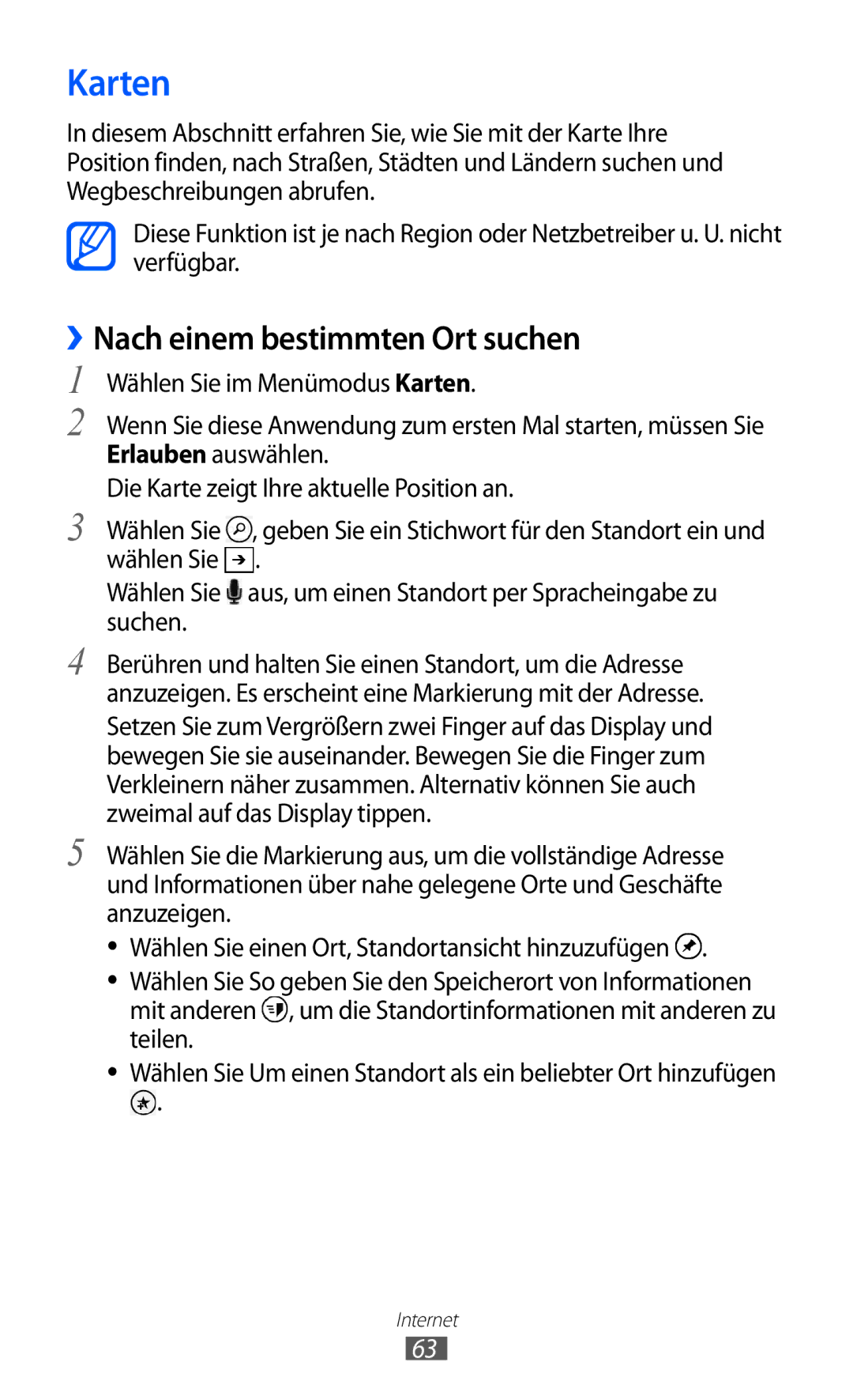 Samsung GT-I8350HKADBT, GT-I8350HKAATO, GT-I8350HKADTM, GT-I8350HKAVD2 manual Karten, ››Nach einem bestimmten Ort suchen 