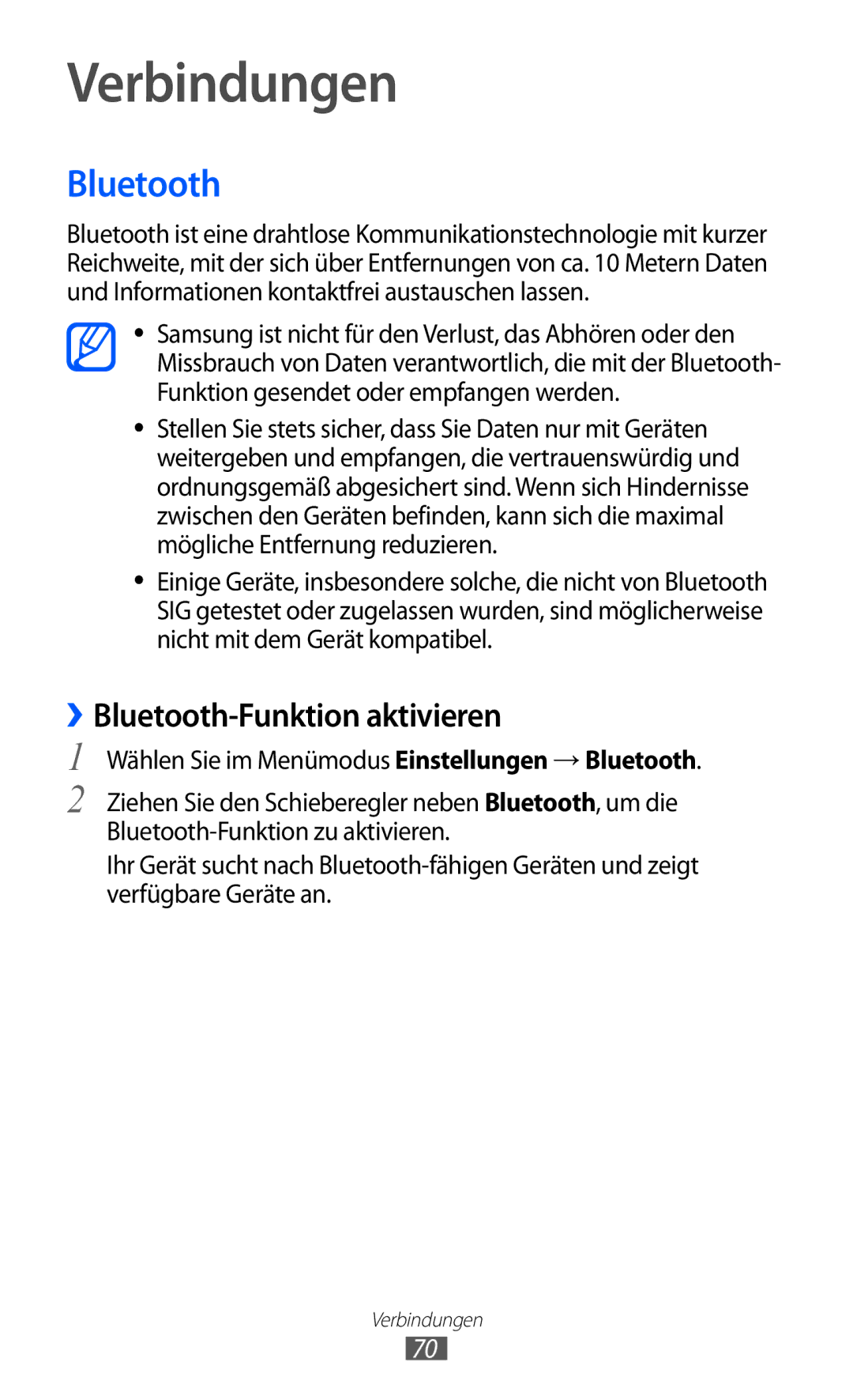 Samsung GT-I8350HKAVD2, GT-I8350HKAATO, GT-I8350HKADTM, GT-I8350HKADBT Verbindungen, ››Bluetooth-Funktion aktivieren 