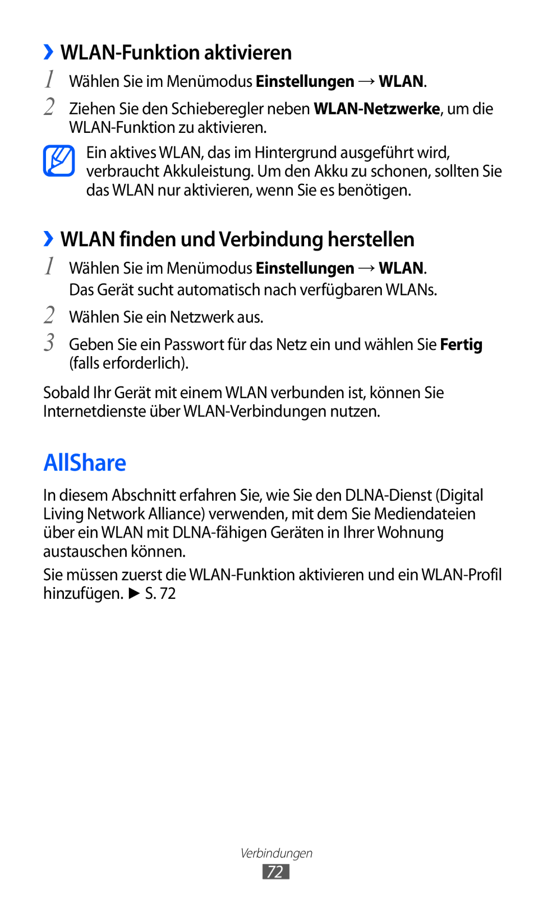 Samsung GT-I8350HKAATO, GT-I8350HKADTM manual AllShare, ››WLAN-Funktion aktivieren, ››WLAN finden und Verbindung herstellen 