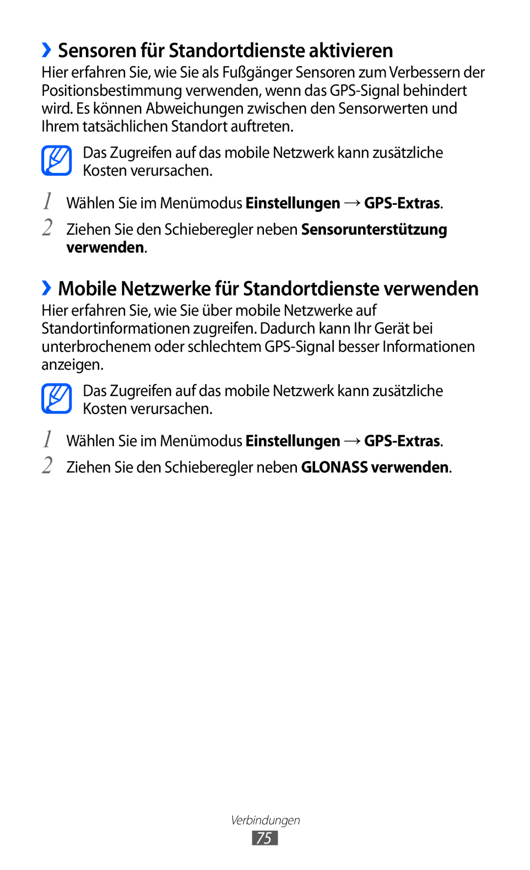 Samsung GT-I8350HKADBT manual ››Sensoren für Standortdienste aktivieren, ››Mobile Netzwerke für Standortdienste verwenden 