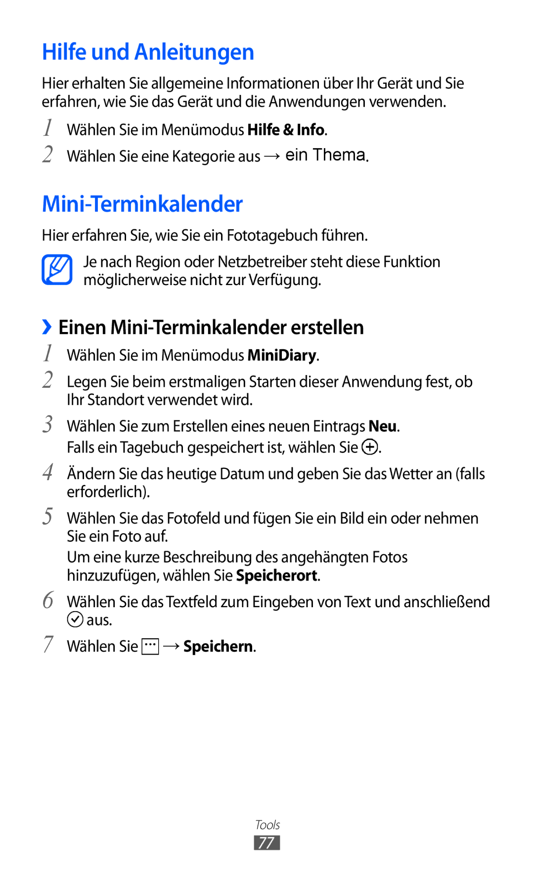 Samsung GT-I8350HKADTM manual Hilfe und Anleitungen, ››Einen Mini-Terminkalender erstellen, Aus Wählen Sie → Speichern 