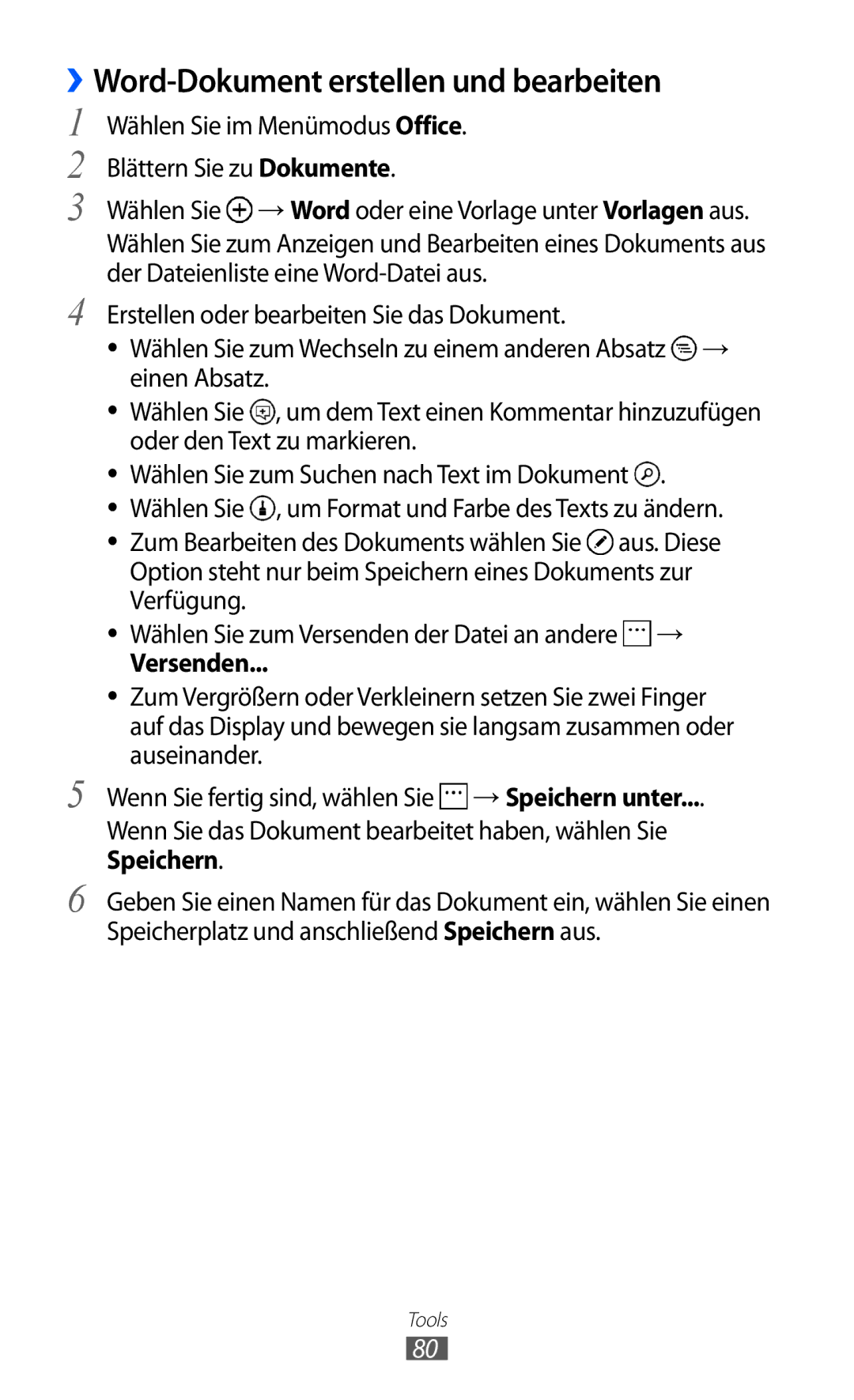 Samsung GT-I8350HKAATO, GT-I8350HKADTM, GT-I8350HKAVD2, GT-I8350HKADBT ››Word-Dokument erstellen und bearbeiten, Versenden 