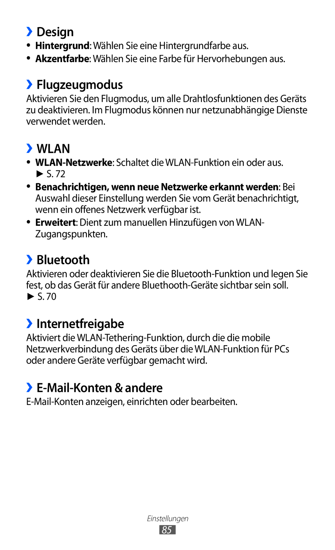 Samsung GT-I8350HKADTM manual ››Design, ››Flugzeugmodus, ››Bluetooth, ››Internetfreigabe, ››E-Mail-Konten & andere 