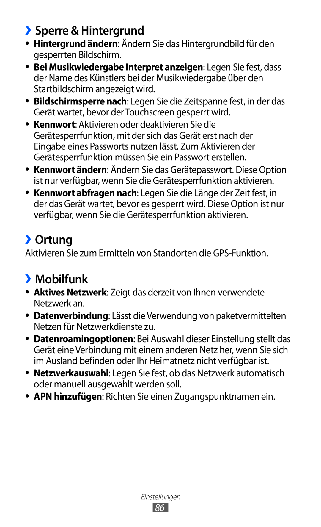 Samsung GT-I8350HKAVD2, GT-I8350HKAATO, GT-I8350HKADTM, GT-I8350HKADBT manual ››Sperre & Hintergrund, ››Ortung, ››Mobilfunk 