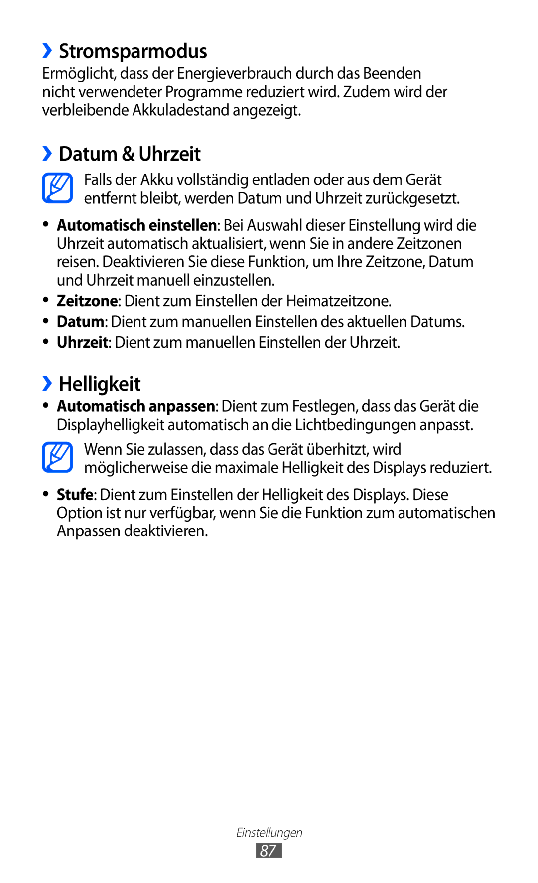 Samsung GT-I8350HKADBT, GT-I8350HKAATO, GT-I8350HKADTM, GT-I8350HKAVD2 ››Stromsparmodus, ››Datum & Uhrzeit, ››Helligkeit 