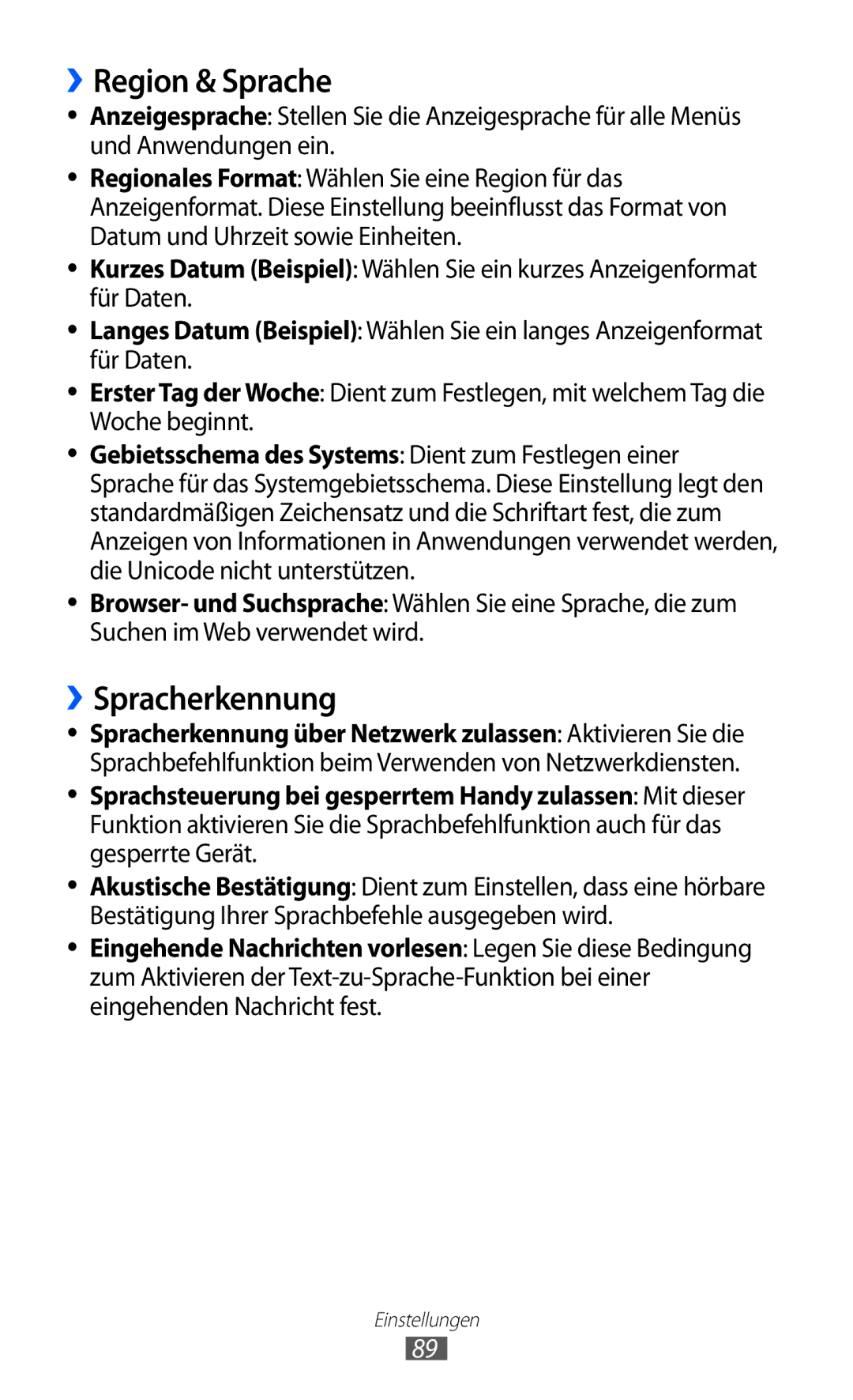 Samsung GT-I8350HKADTM, GT-I8350HKAATO, GT-I8350HKAVD2, GT-I8350HKADBT manual ››Region & Sprache, ››Spracherkennung 