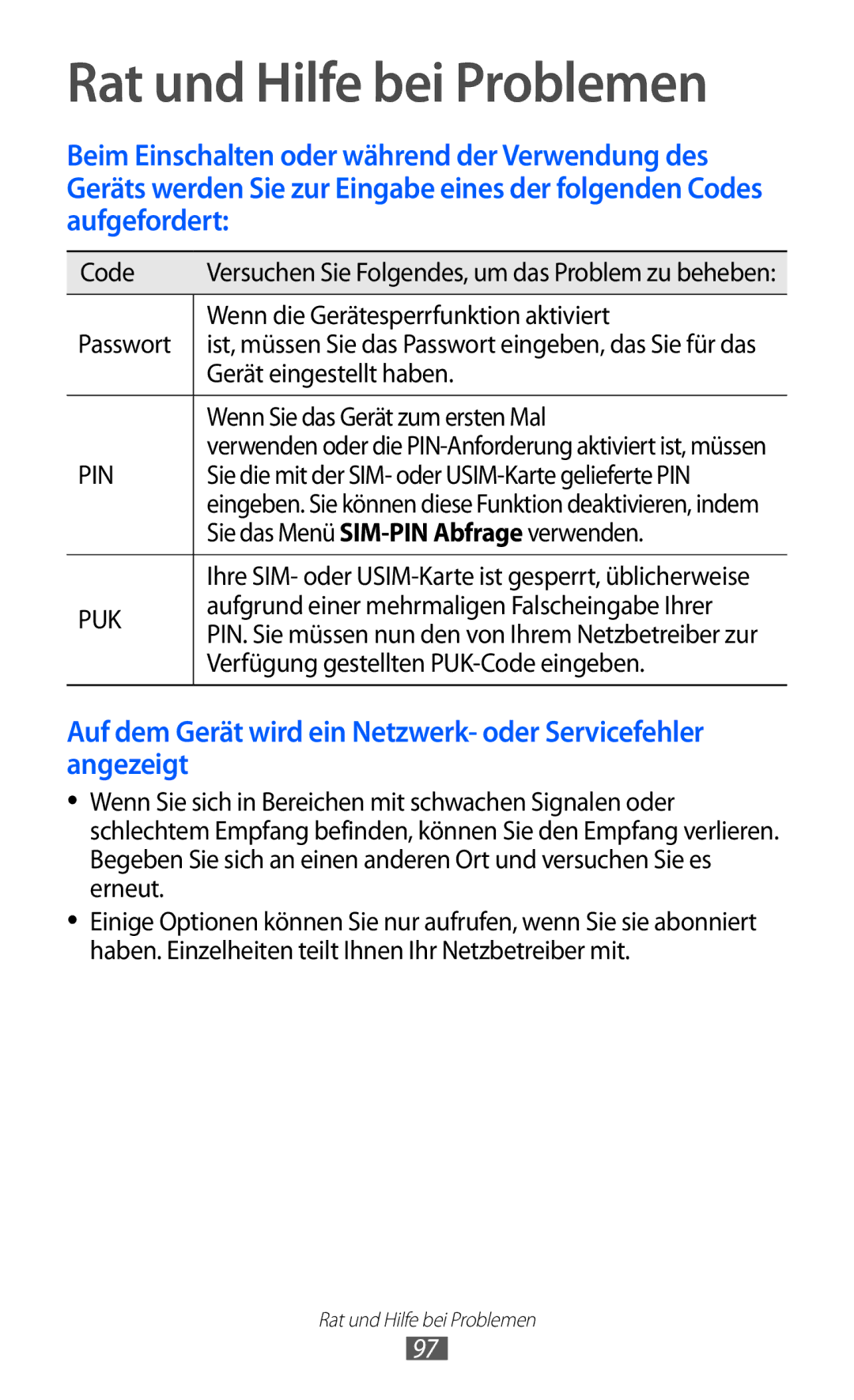 Samsung GT-I8350HKADTM, GT-I8350HKAATO, GT-I8350HKAVD2, GT-I8350HKADBT manual Rat und Hilfe bei Problemen 