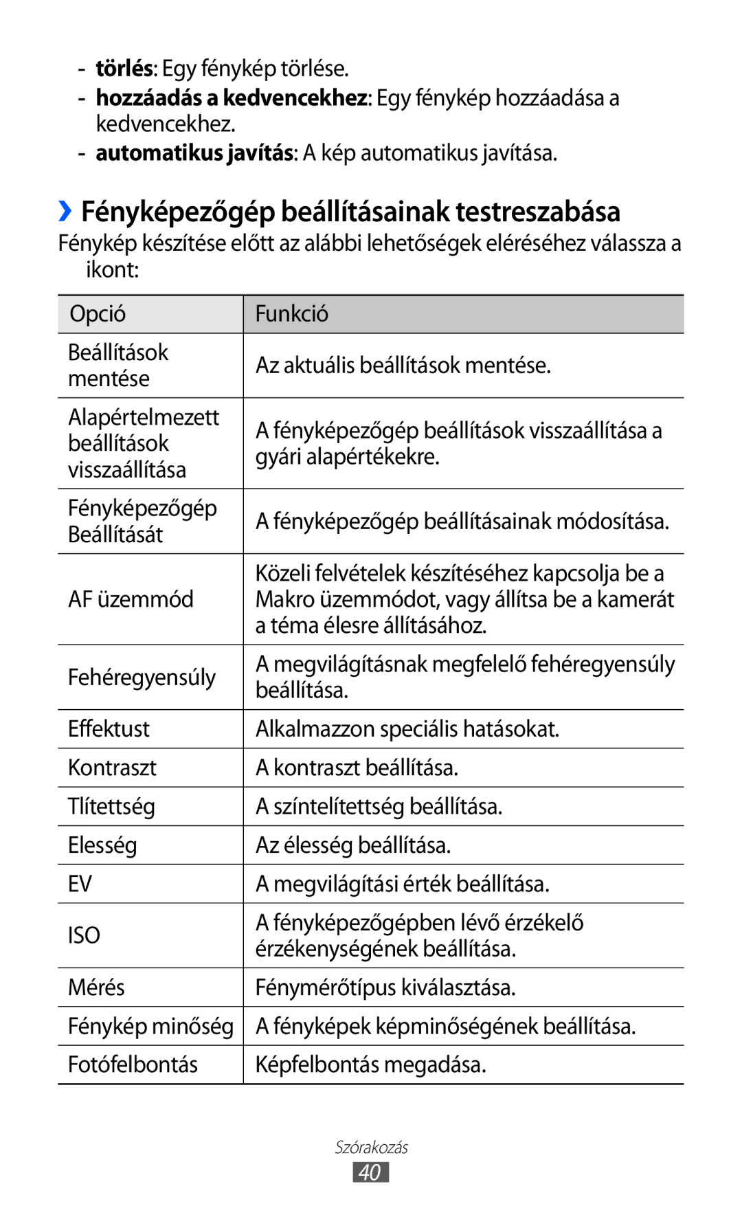 Samsung GT-I8350HKAPLS, GT-I8350HKAATO, GT-I8350HKAOMN, GT-I8350HKAITV manual ››Fényképezőgép beállításainak testreszabása 