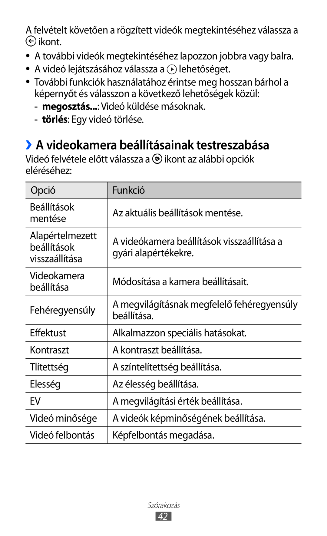 Samsung GT-I8350HKAATO, GT-I8350HKAOMN, GT-I8350HKAITV, GT-I8350HKAPAN manual ››A videokamera beállításainak testreszabása 