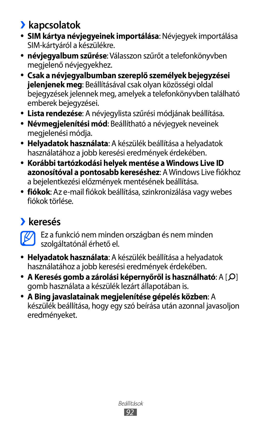 Samsung GT-I8350HKAITV, GT-I8350HKAATO, GT-I8350HKAOMN, GT-I8350HKAPAN, GT-I8350HKAPLS manual ››kapcsolatok, ››keresés 