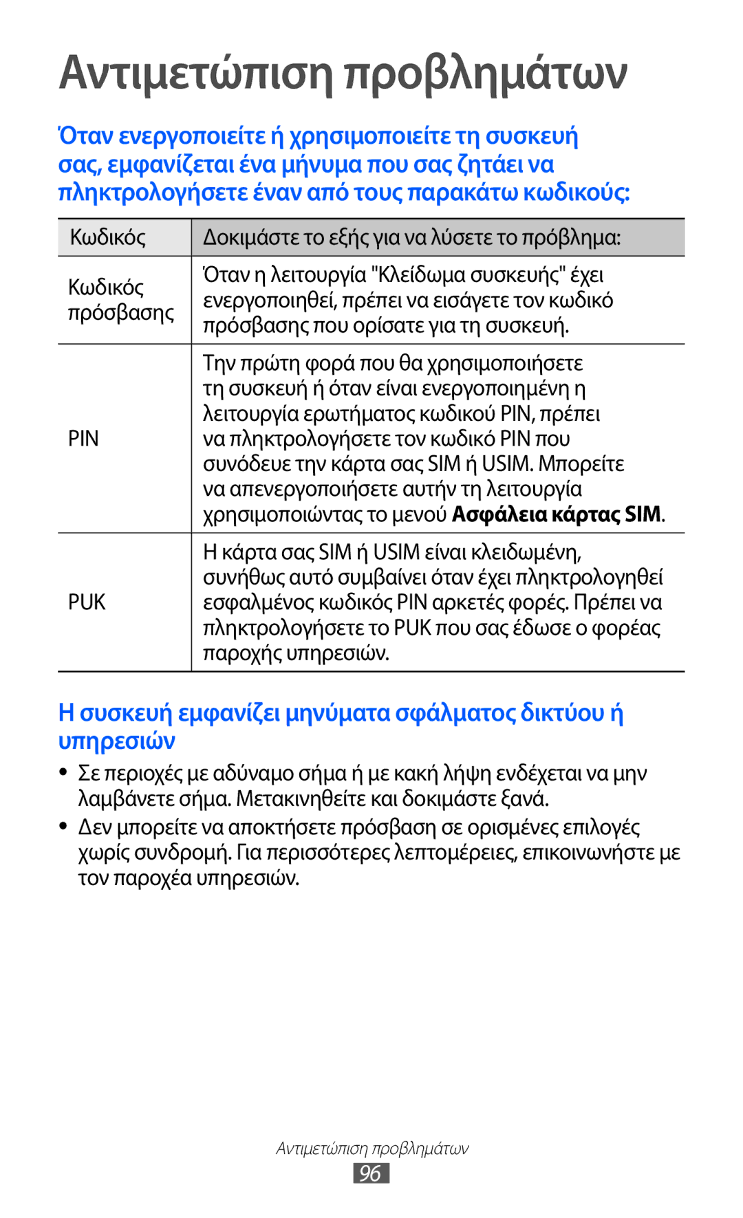 Samsung GT-I8350HKACYO Λειτουργία ερωτήματος κωδικού PIN, πρέπει, Να πληκτρολογήσετε τον κωδικό PIN που, Παροχής υπηρεσιών 