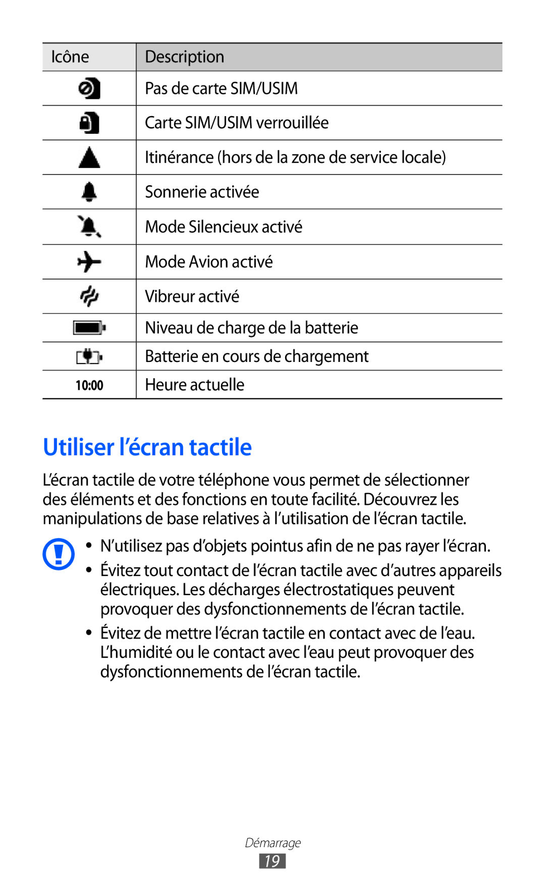 Samsung GT-I8350HKABOG, GT-I8350HKAFTM, GT-I8350HKASFR, GT-I8350HKAXEF manual Utiliser l’écran tactile, Heure actuelle 