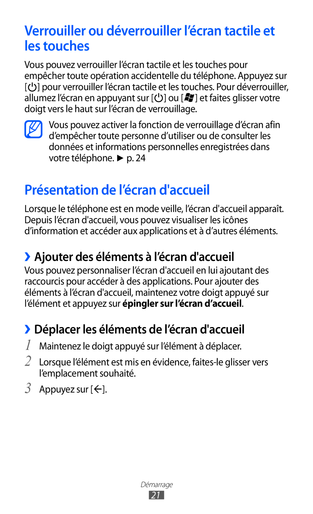 Samsung GT-I8350HKASFR manual Verrouiller ou déverrouiller l’écran tactile et les touches, Présentation de l’écran daccueil 